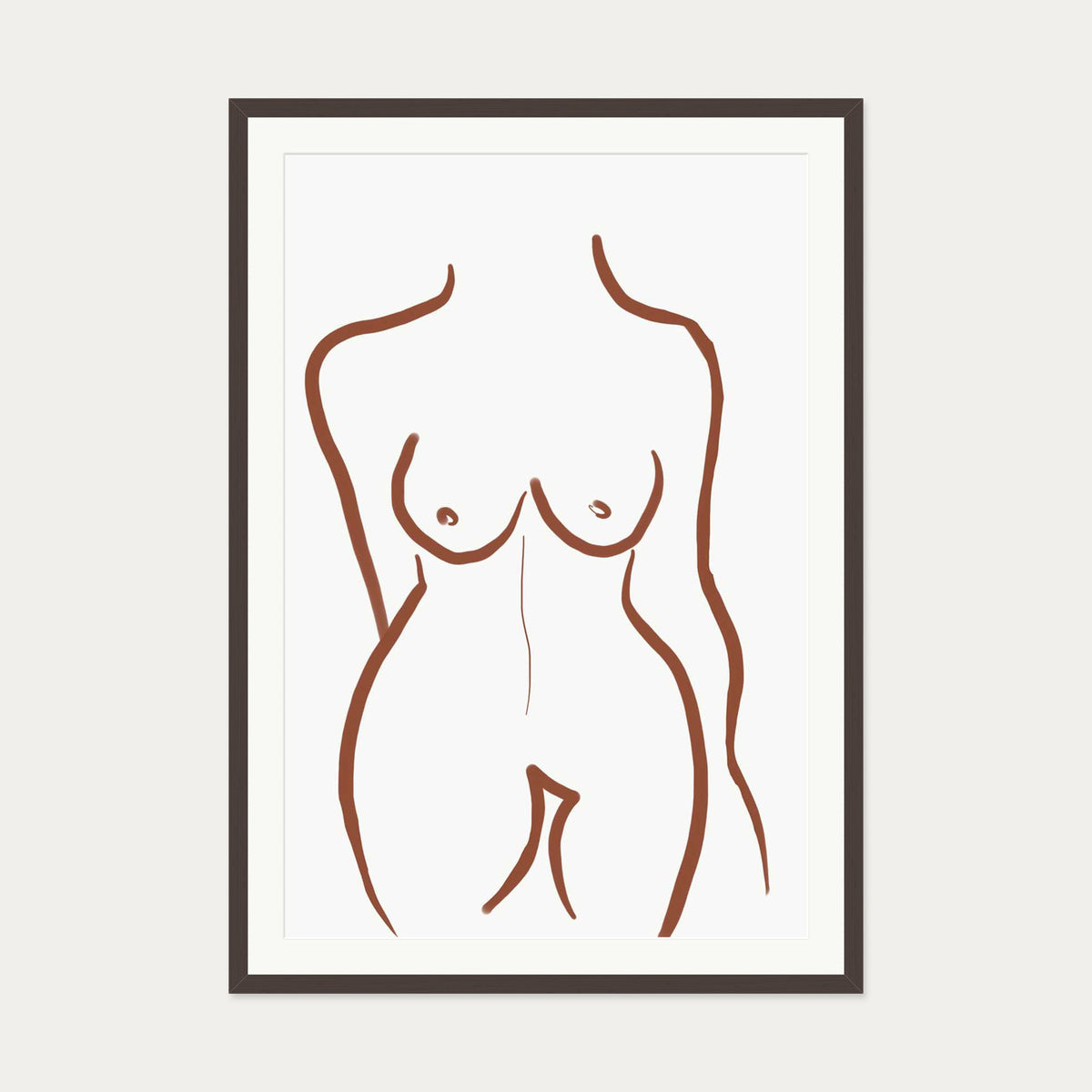 Female Nude Illustration Line Art Print — 70 x 100 cm — Brown Frame