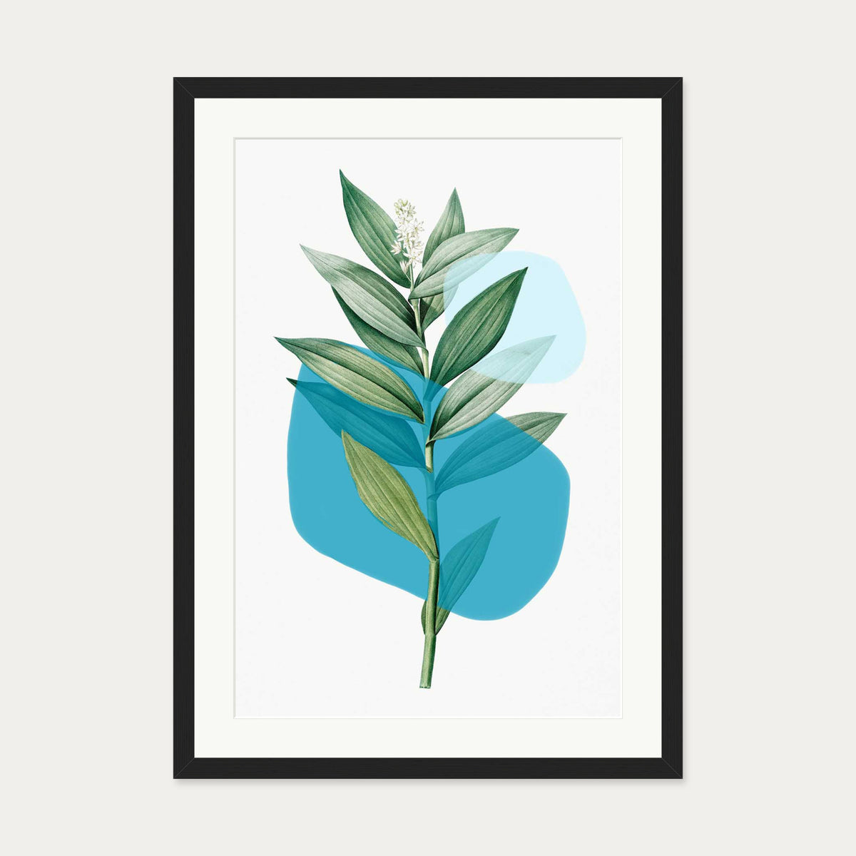 Botanical Leaf With Abstract Shapes Art Print — 50 x 70 cm — Black Frame