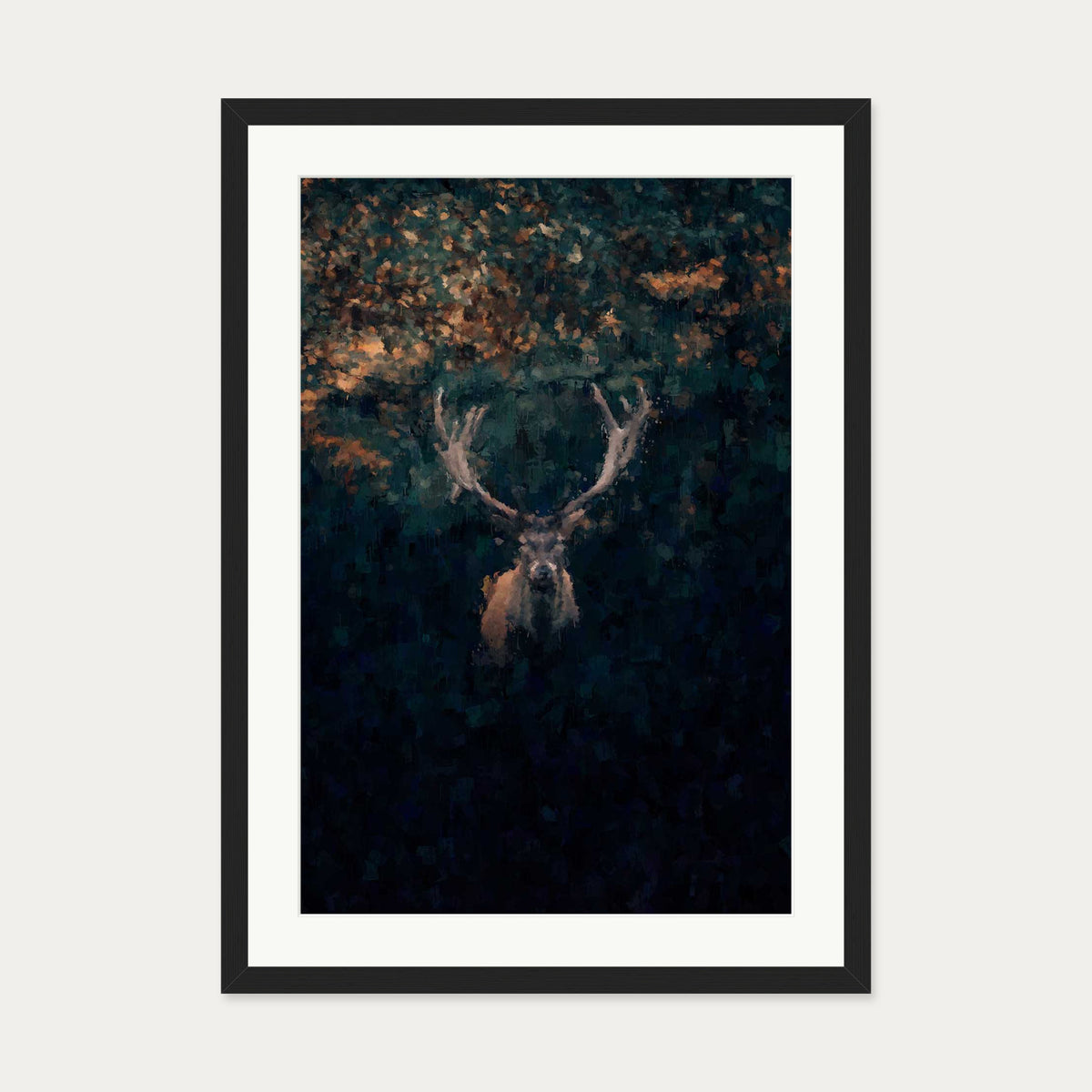 Red Deer Stag In Winter Art Print — 50 x 70 cm — Black Frame