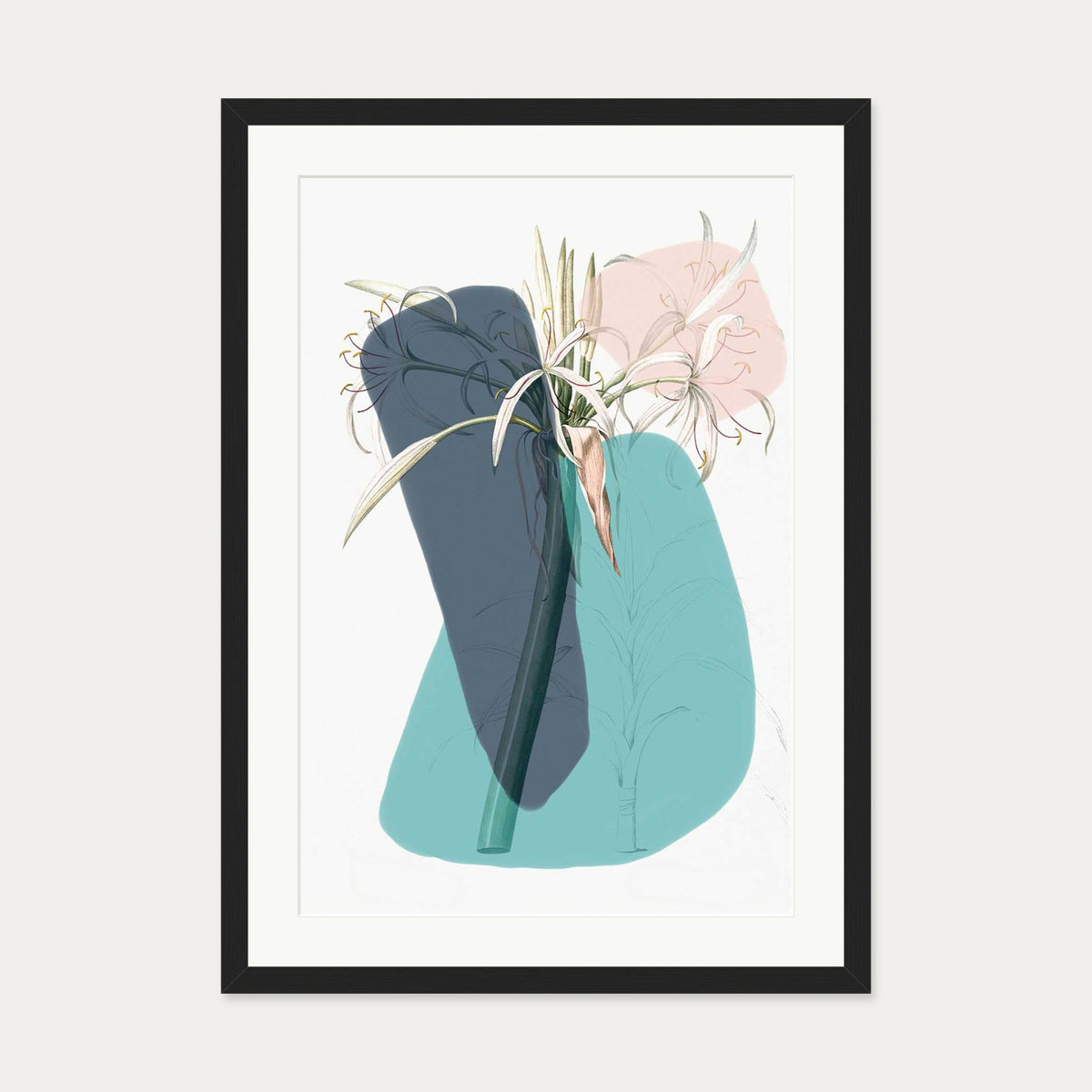 Botanical Vintage Teal Art Print — 50 x 70 cm — Black Frame