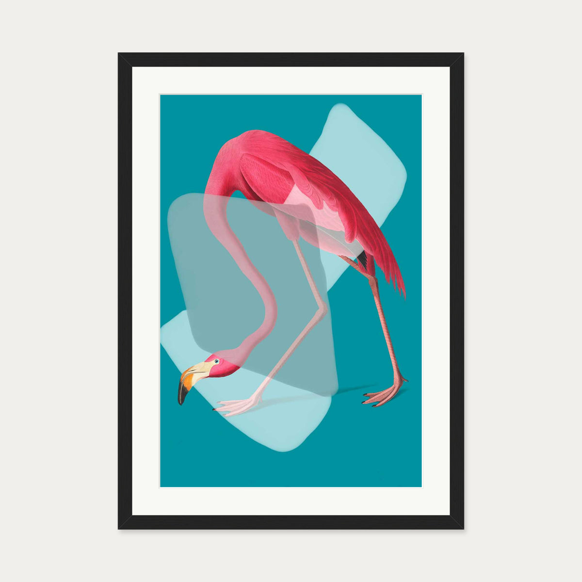 Pink Flamingo In Teal Pop Art Print — 50 x 70 cm — Black Frame