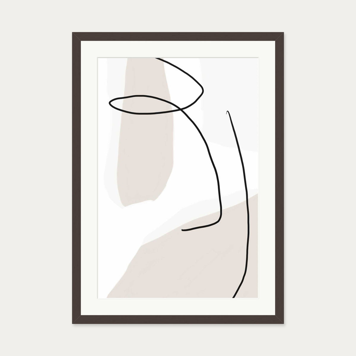 Contemporary Face Line Art Print — 50 x 70 cm — Brown Frame