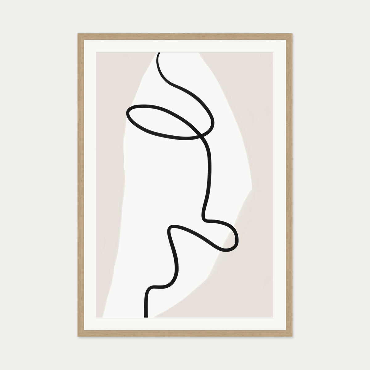 Abstract Face Line Art Print — 70 x 100 cm — Oak Frame