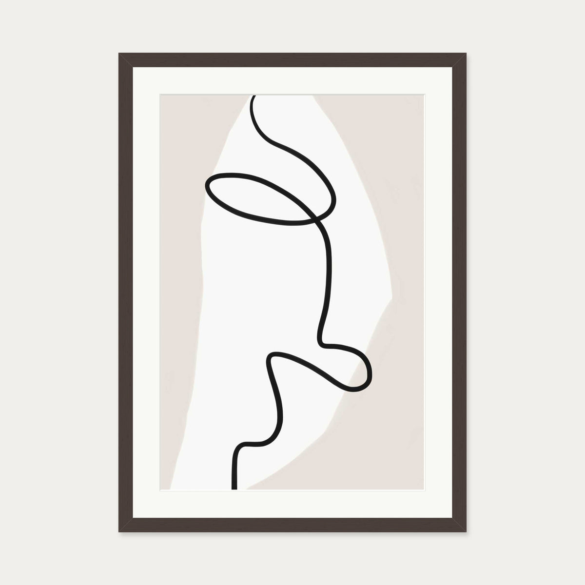Abstract Face Line Art Print — 50 x 70 cm — Brown Frame