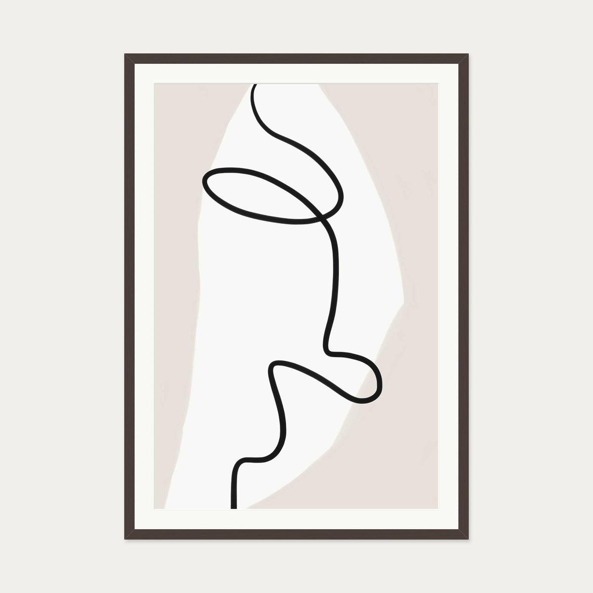 Abstract Face Line Art Print — 70 x 100 cm — Brown Frame