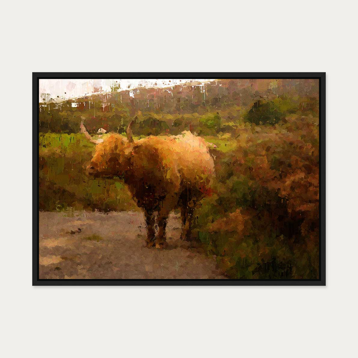 Highland Cow Oil Painting Print On Canvas — 50 x 70 cm — Black Frame