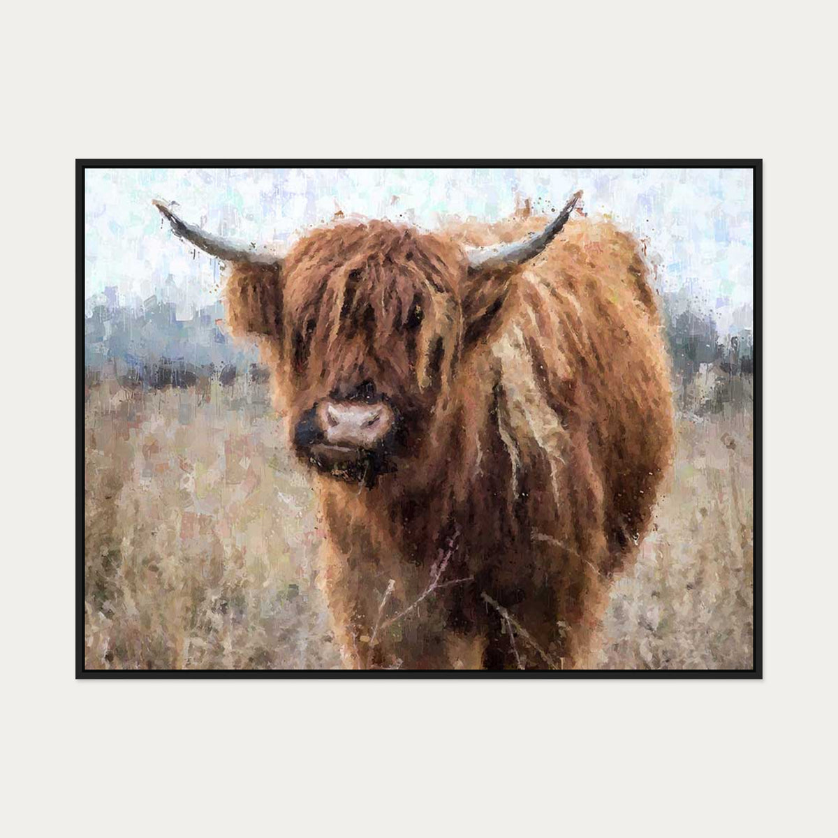 Highland Cow Portrait Print On Canvas — 90 x 120 cm — Black Frame