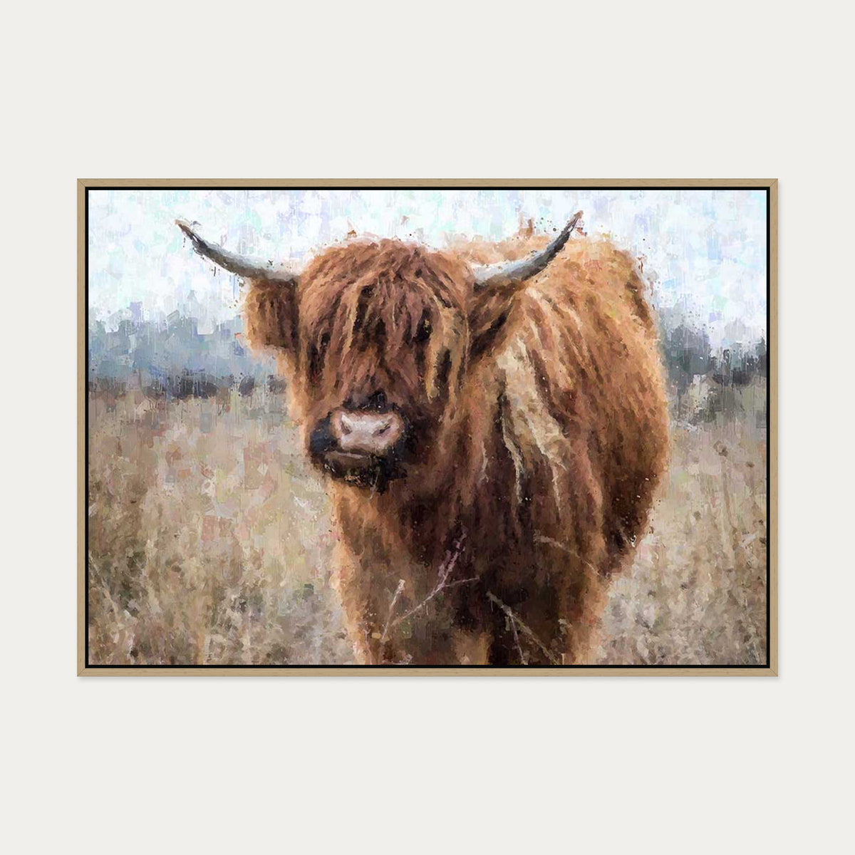 Highland Cow Portrait Print On Canvas — 70 x 100 cm — Oak Frame