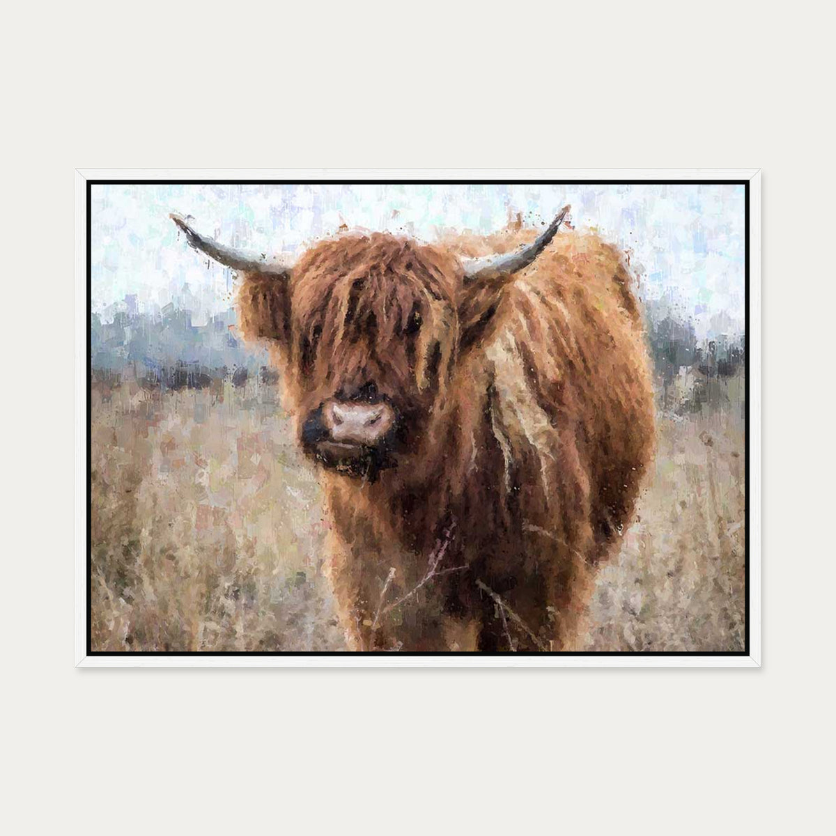 Highland Cow Portrait Print On Canvas — 50 x 70 cm — White Frame