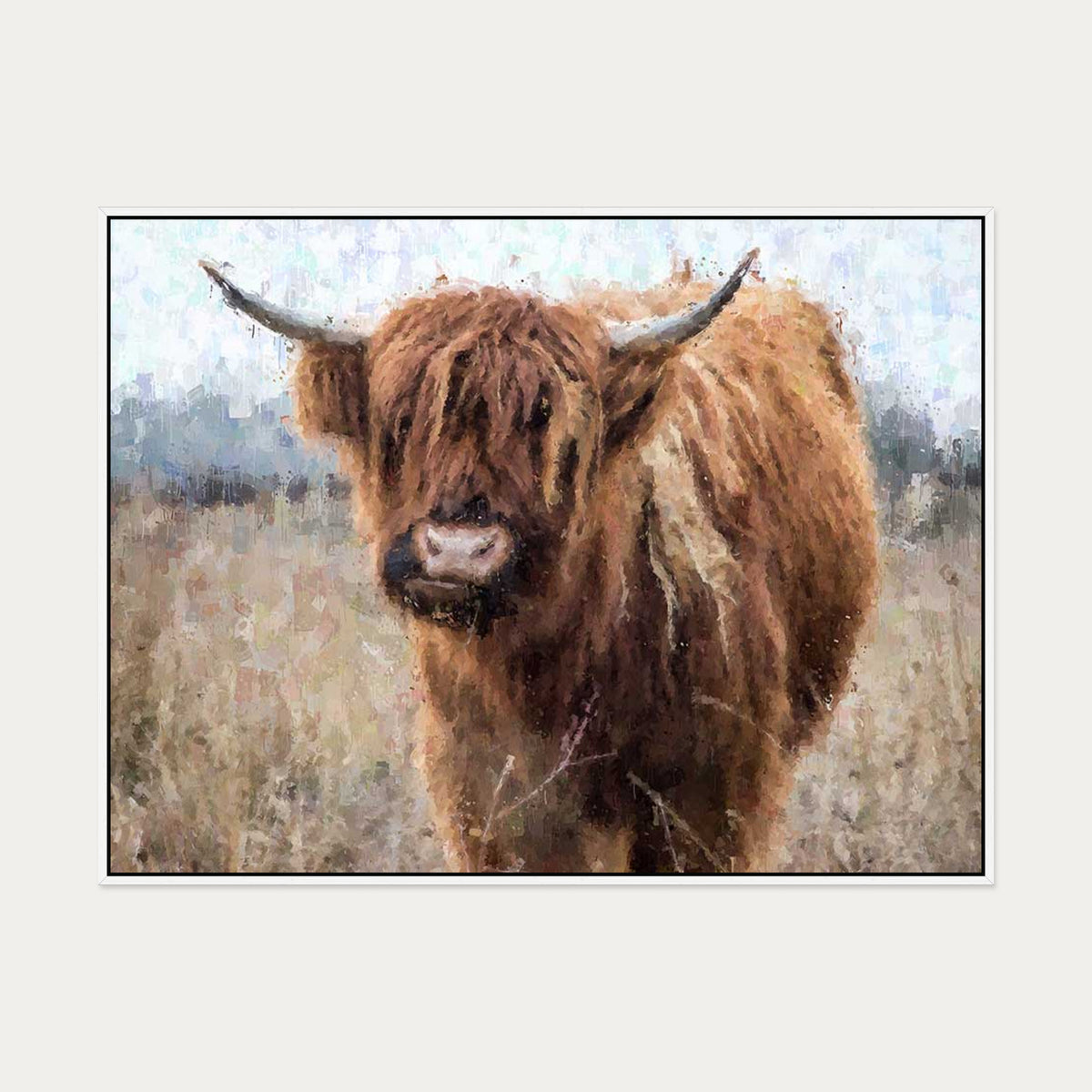 Highland Cow Portrait Print On Canvas — 90 x 120 cm — White Frame