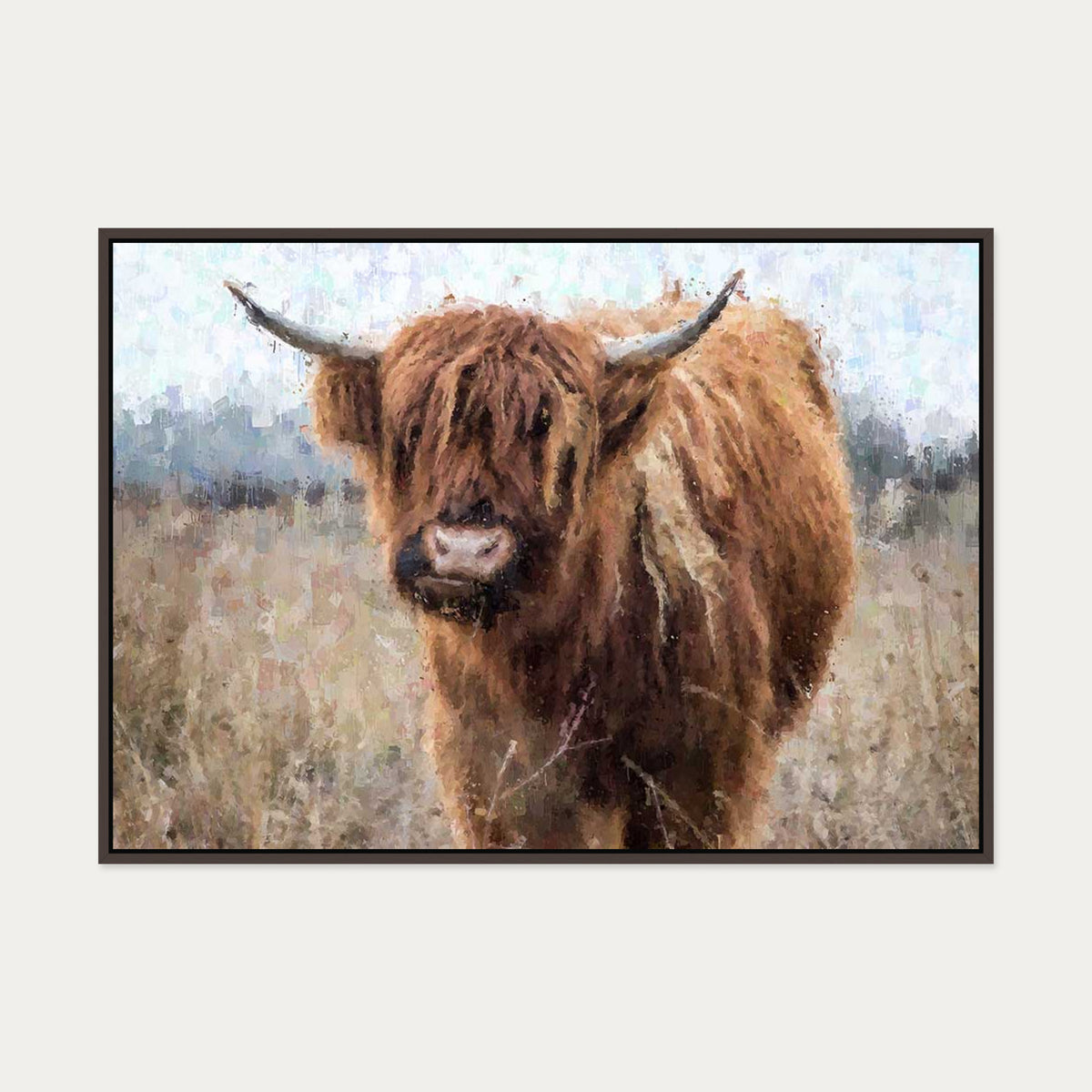 Highland Cow Portrait Print On Canvas — 70 x 100 cm — Brown Frame