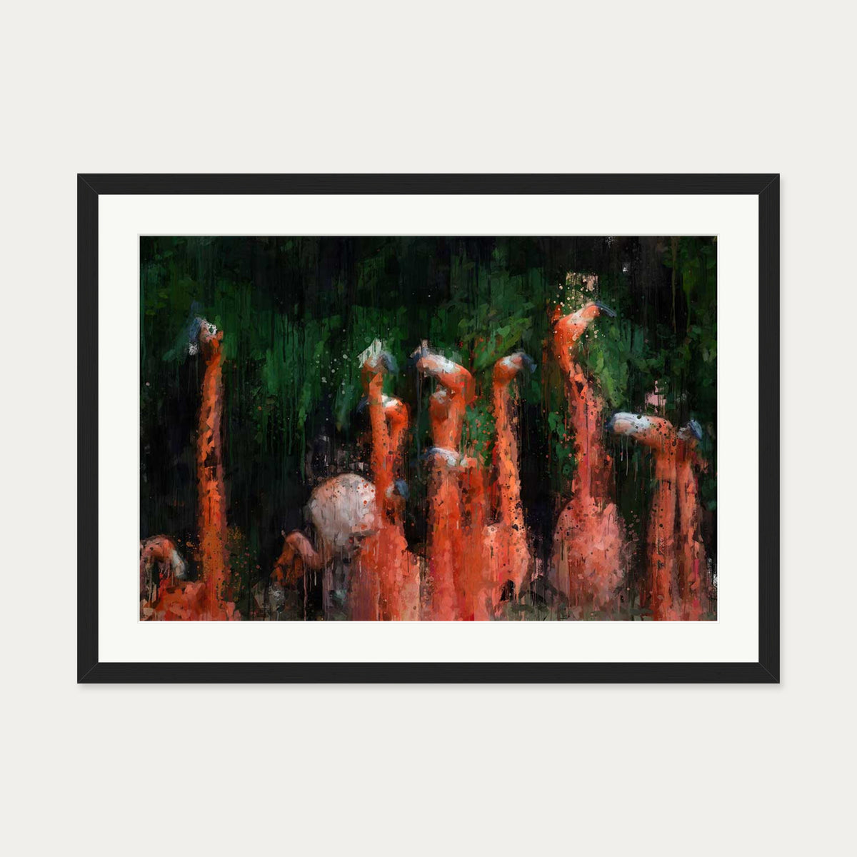 Flamingos Impressionist Art Print — 50 x 70 cm — Black Frame