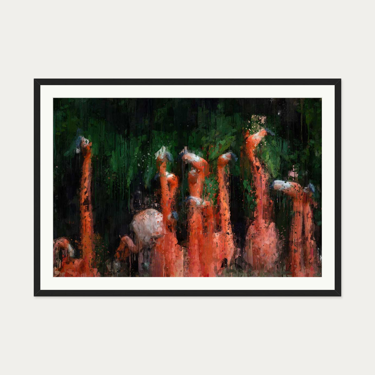 Flamingos Impressionist Art Print — 70 x 100 cm — Black Frame