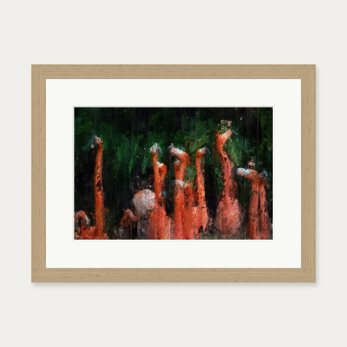 Flamingos Impressionist Art Print — 30 x 40 cm — Oak Frame