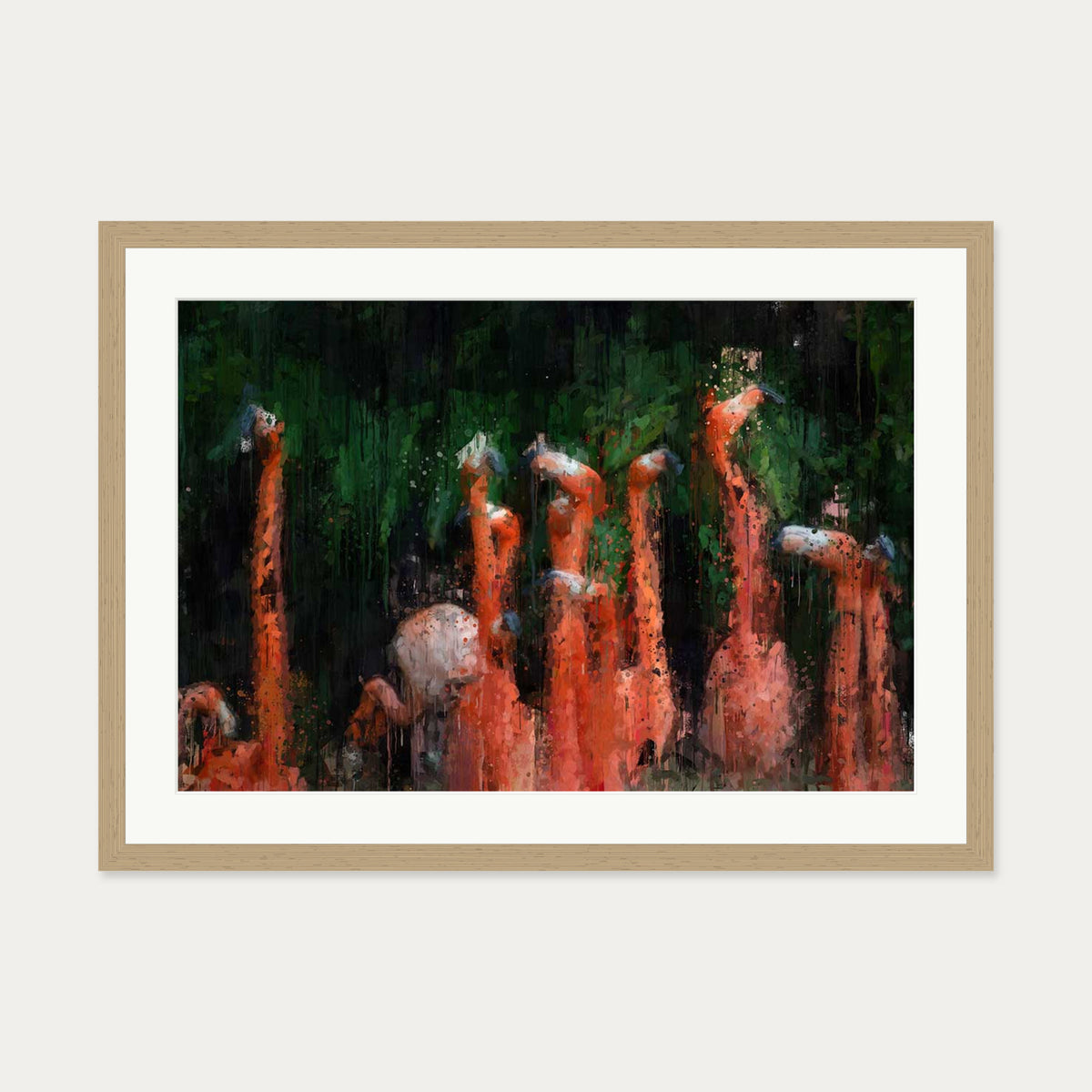 Flamingos Impressionist Art Print — 50 x 70 cm — Oak Frame