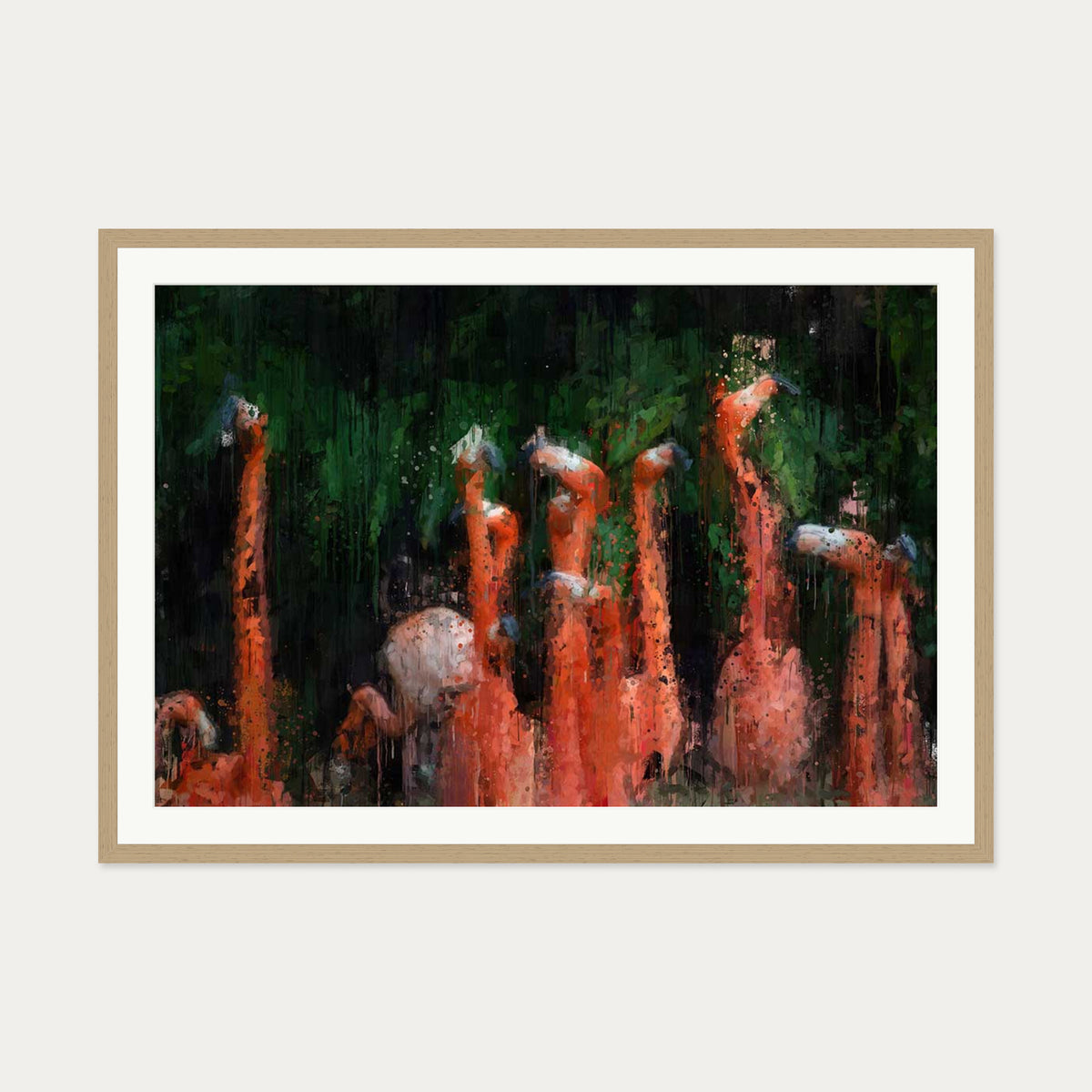 Flamingos Impressionist Art Print — 70 x 100 cm — Oak Frame