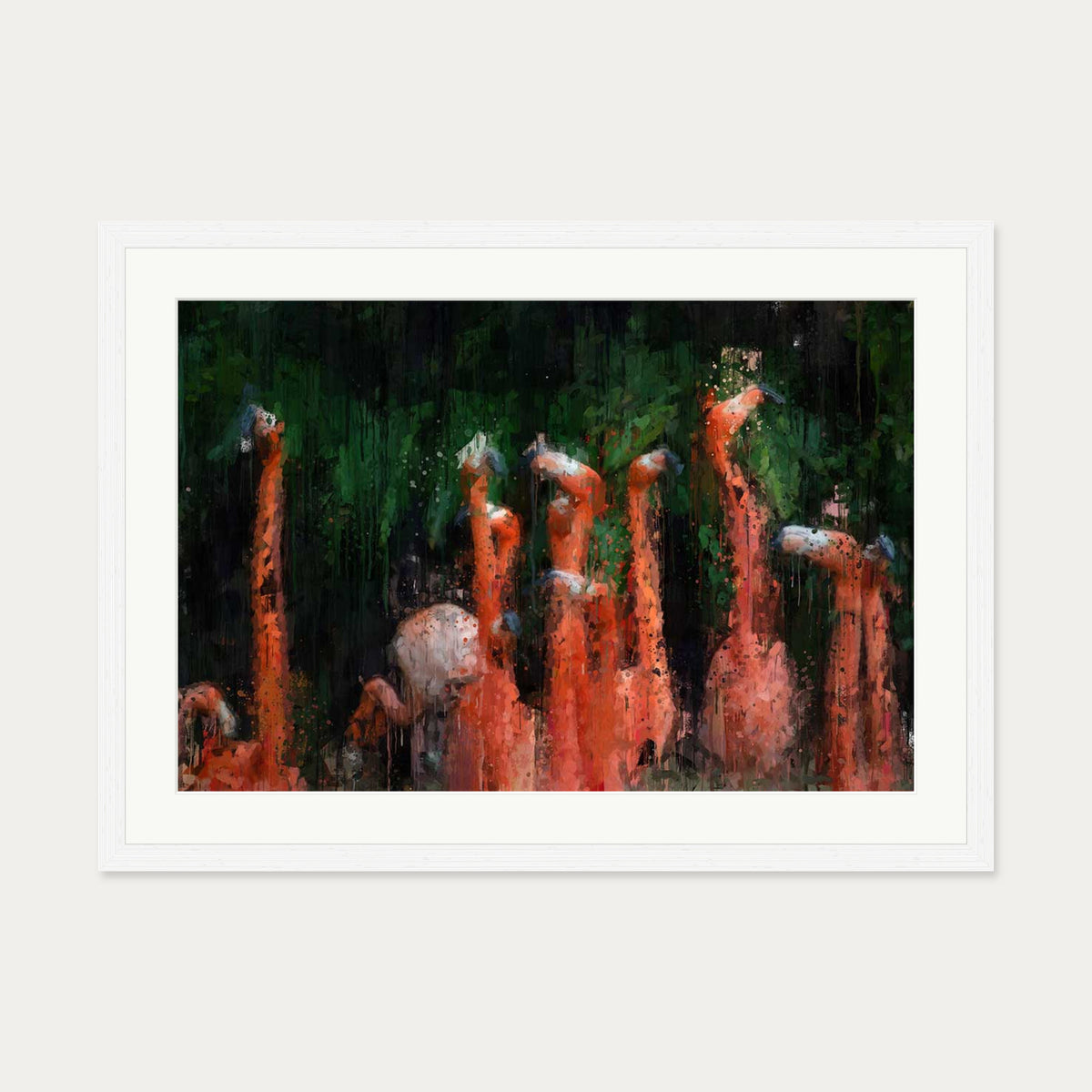 Flamingos Impressionist Art Print — 50 x 70 cm — White Frame