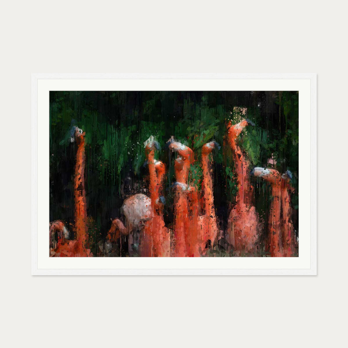 Flamingos Impressionist Art Print — 70 x 100 cm — White Frame