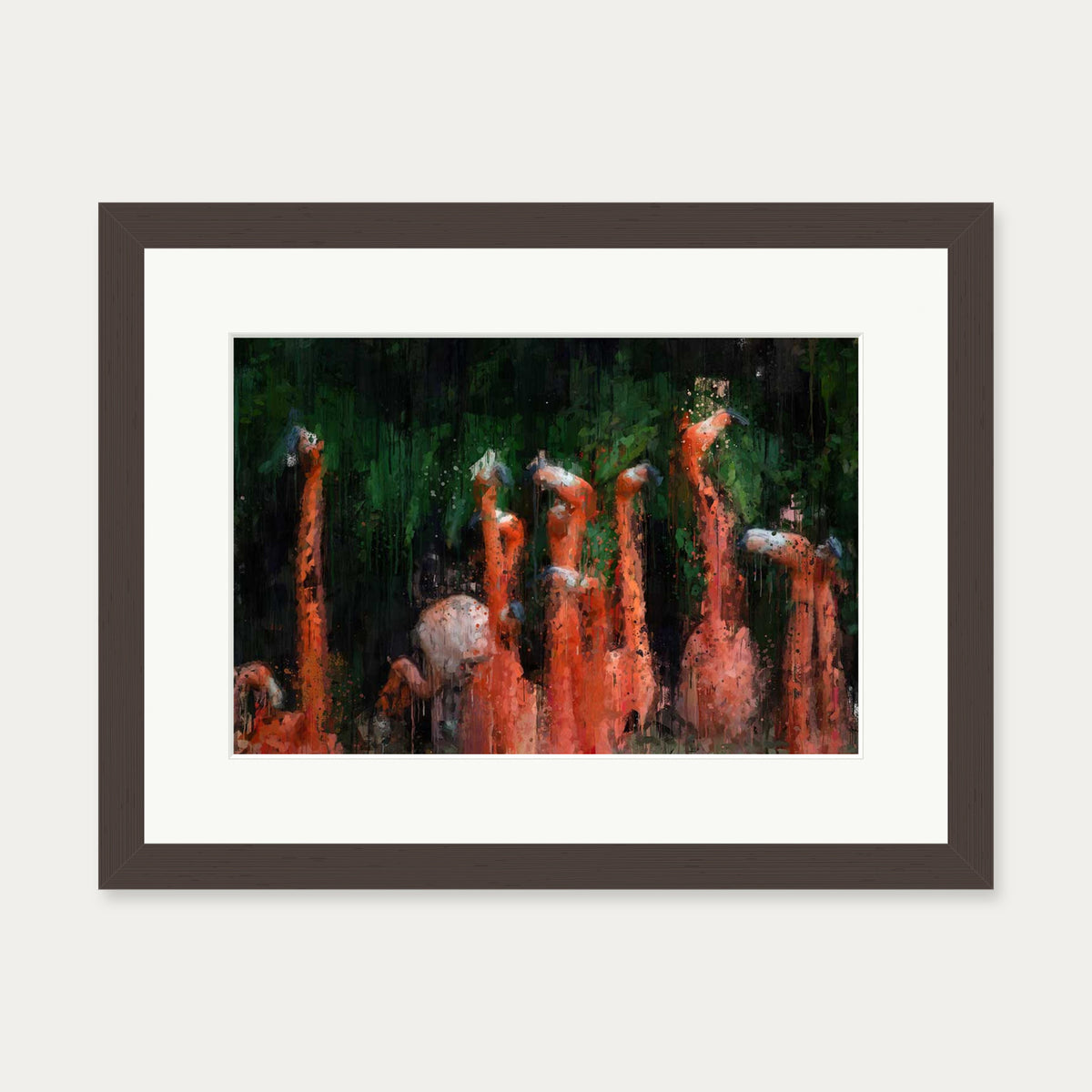 Flamingos Impressionist Art Print — 30 x 40 cm — Brown Frame