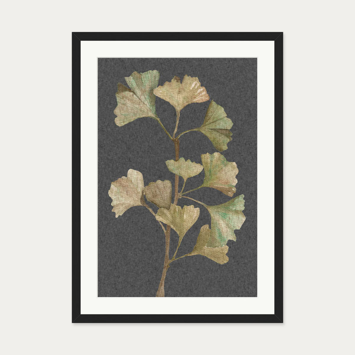 Grey Vintage Botanical Leaf Art Print — 50 x 70 cm — Black Frame