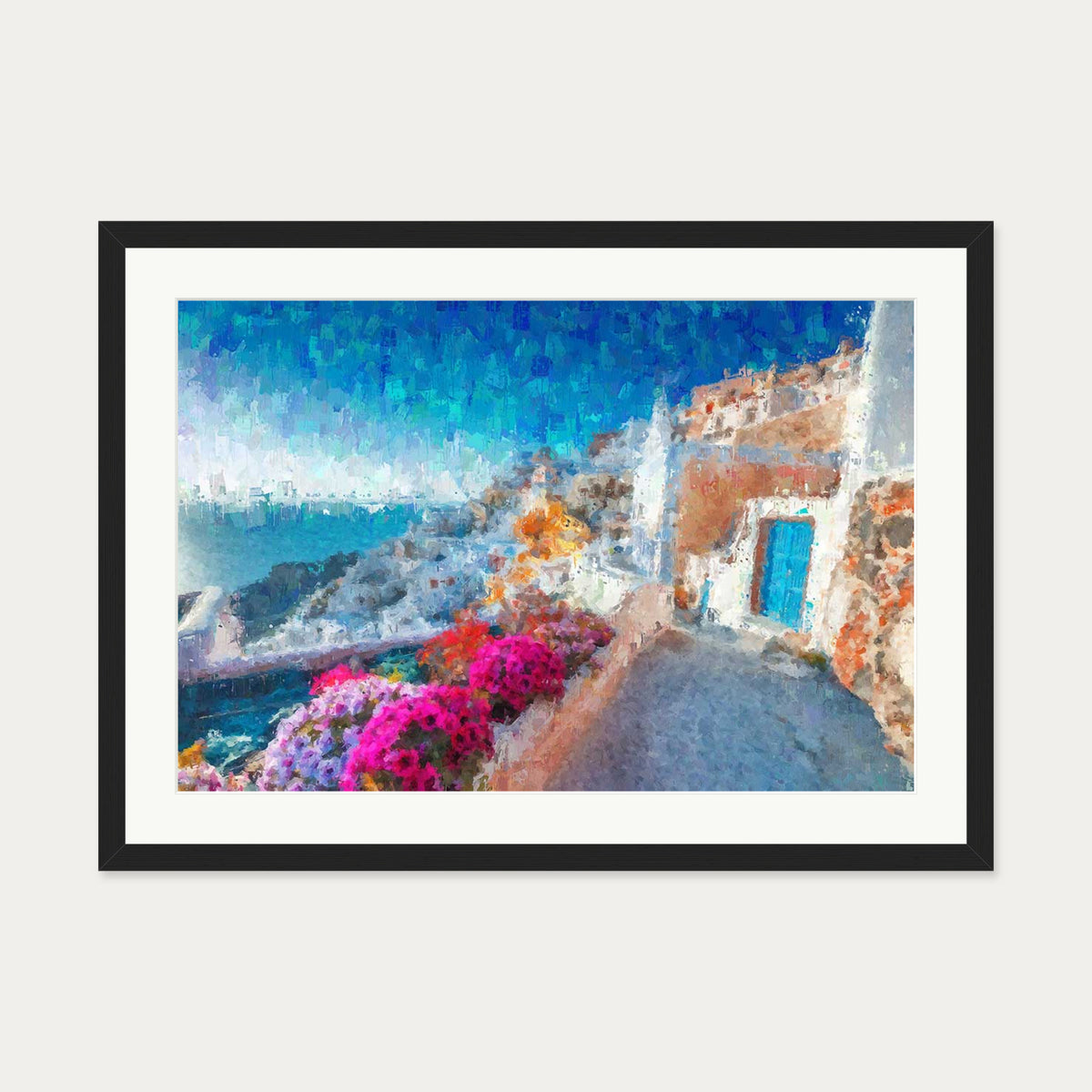 Santorini View Over The Bay Art Print — 50 x 70 cm — Black Frame