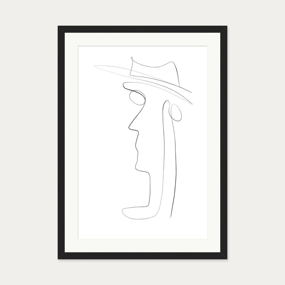 Hat and Face Line Drawing Art Print — 50 x 70 cm — Black Frame