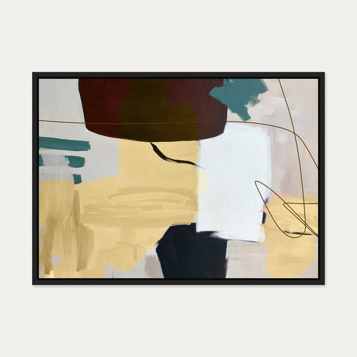 Abstract Gold Shapes Canvas Art — 50 x 70 cm — Black Frame