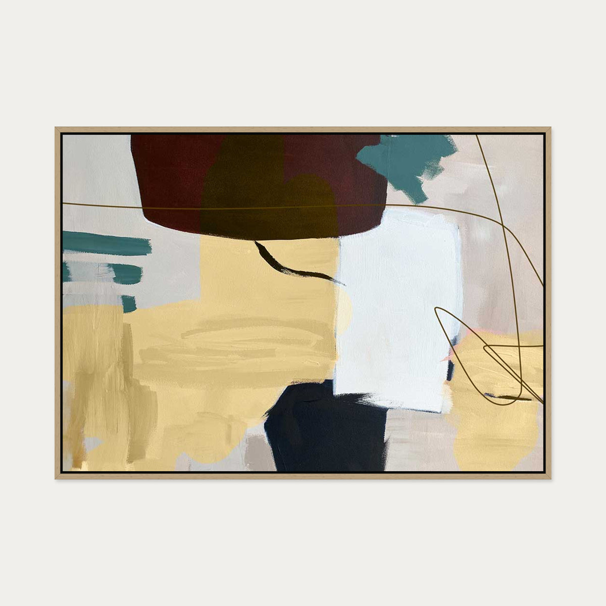 Abstract Gold Shapes Canvas Art — 70 x 100 cm — Oak Frame
