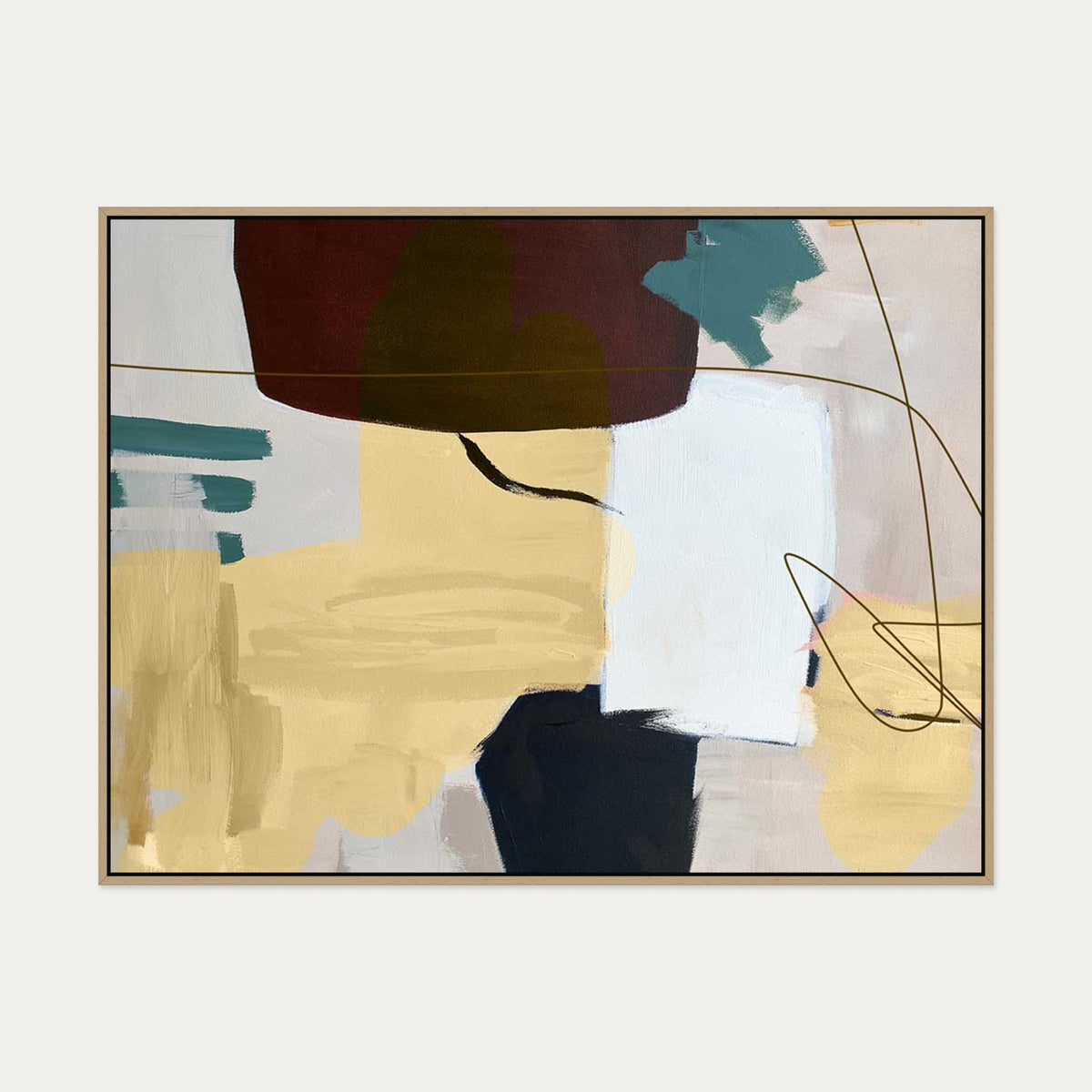 Abstract Gold Shapes Canvas Art — 90 x 120 cm — Oak Frame