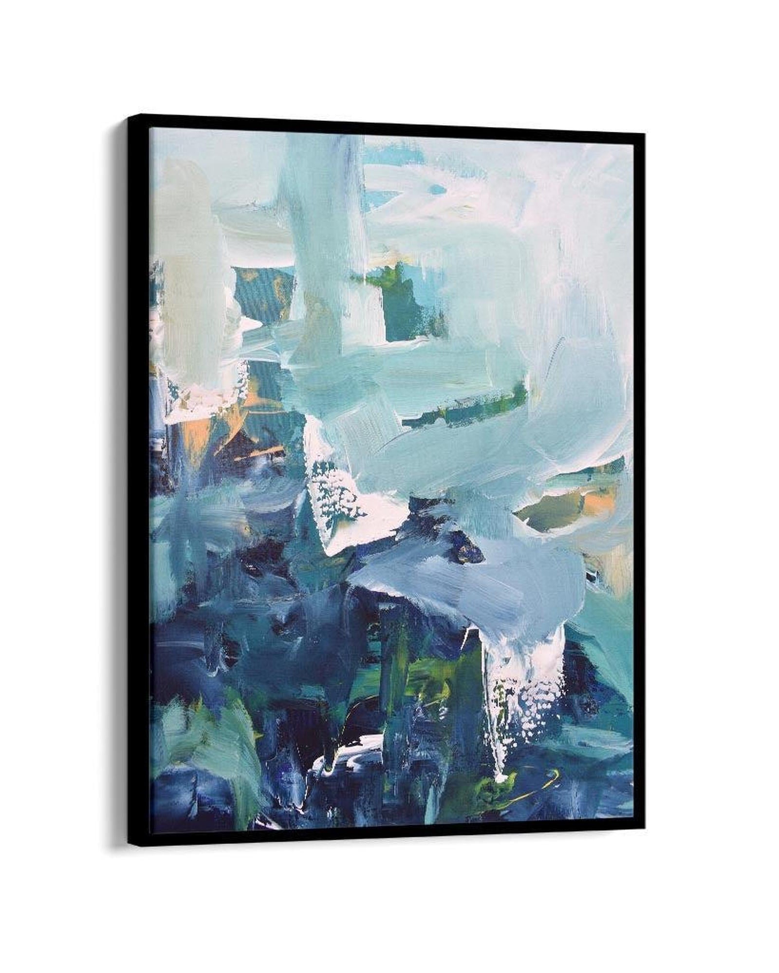 Framed abstract art with blue and green colors on a white background