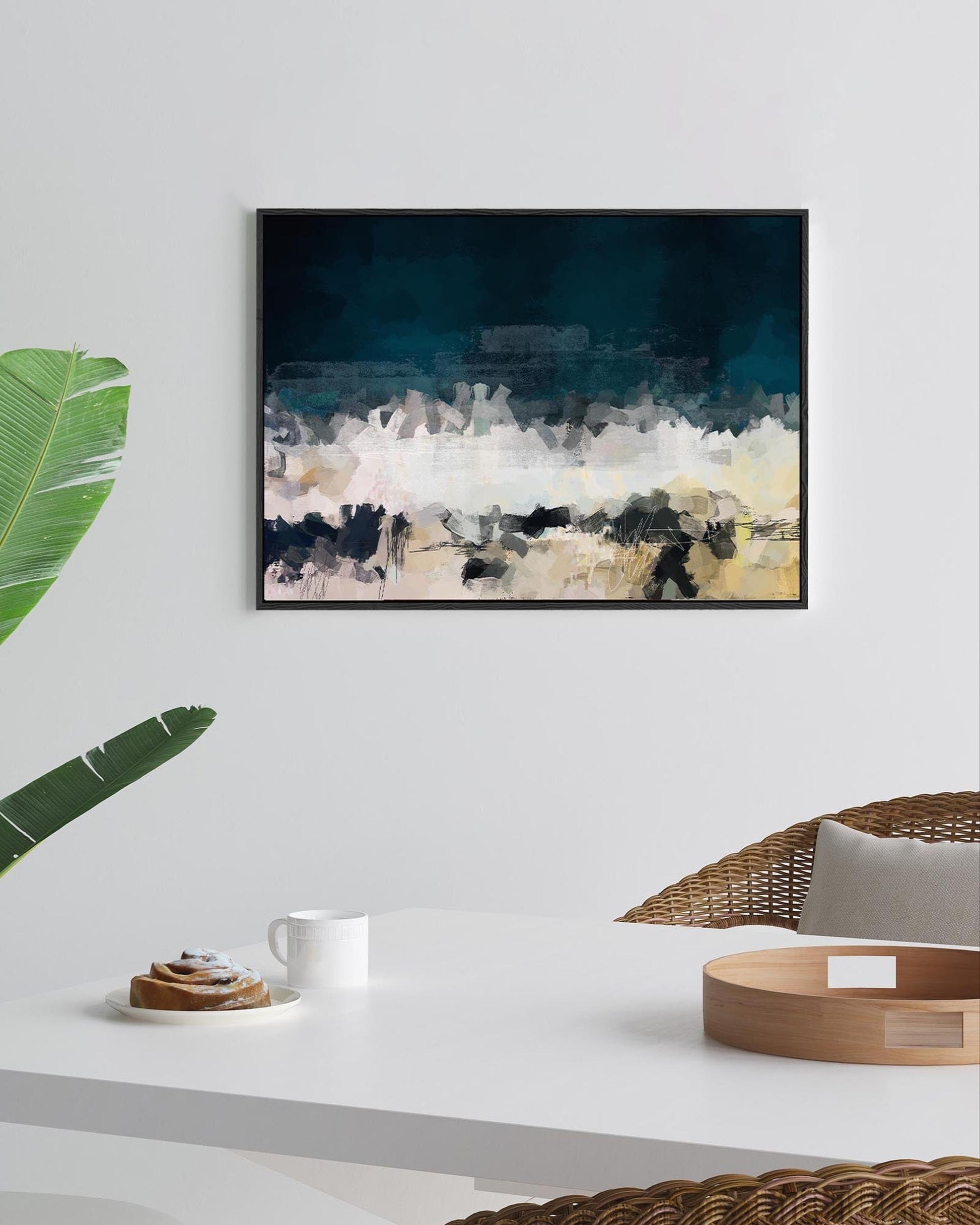 Abstract painting on a wall in a modern living room setting