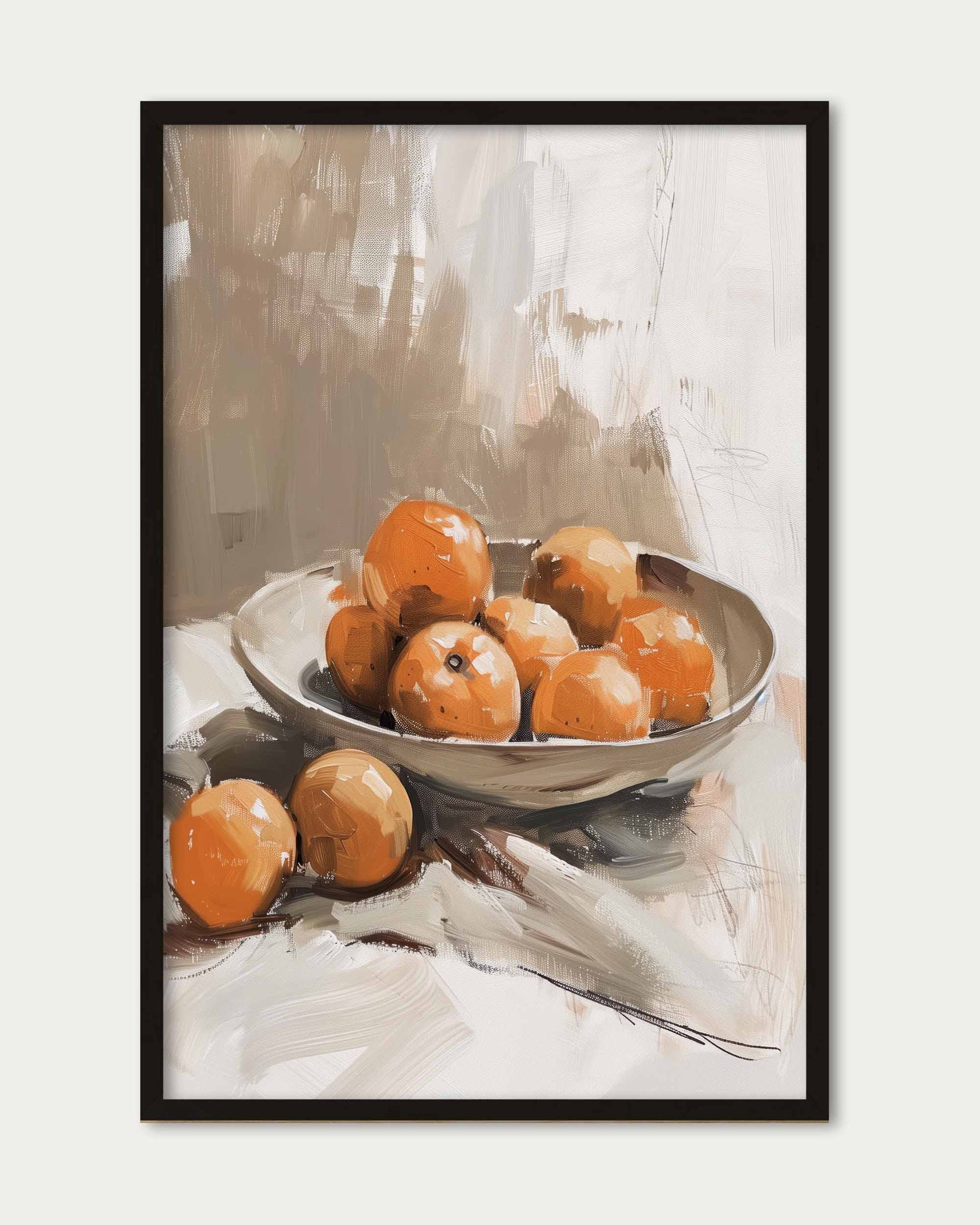 Framed artwork of a bowl with oranges on a textured surface
