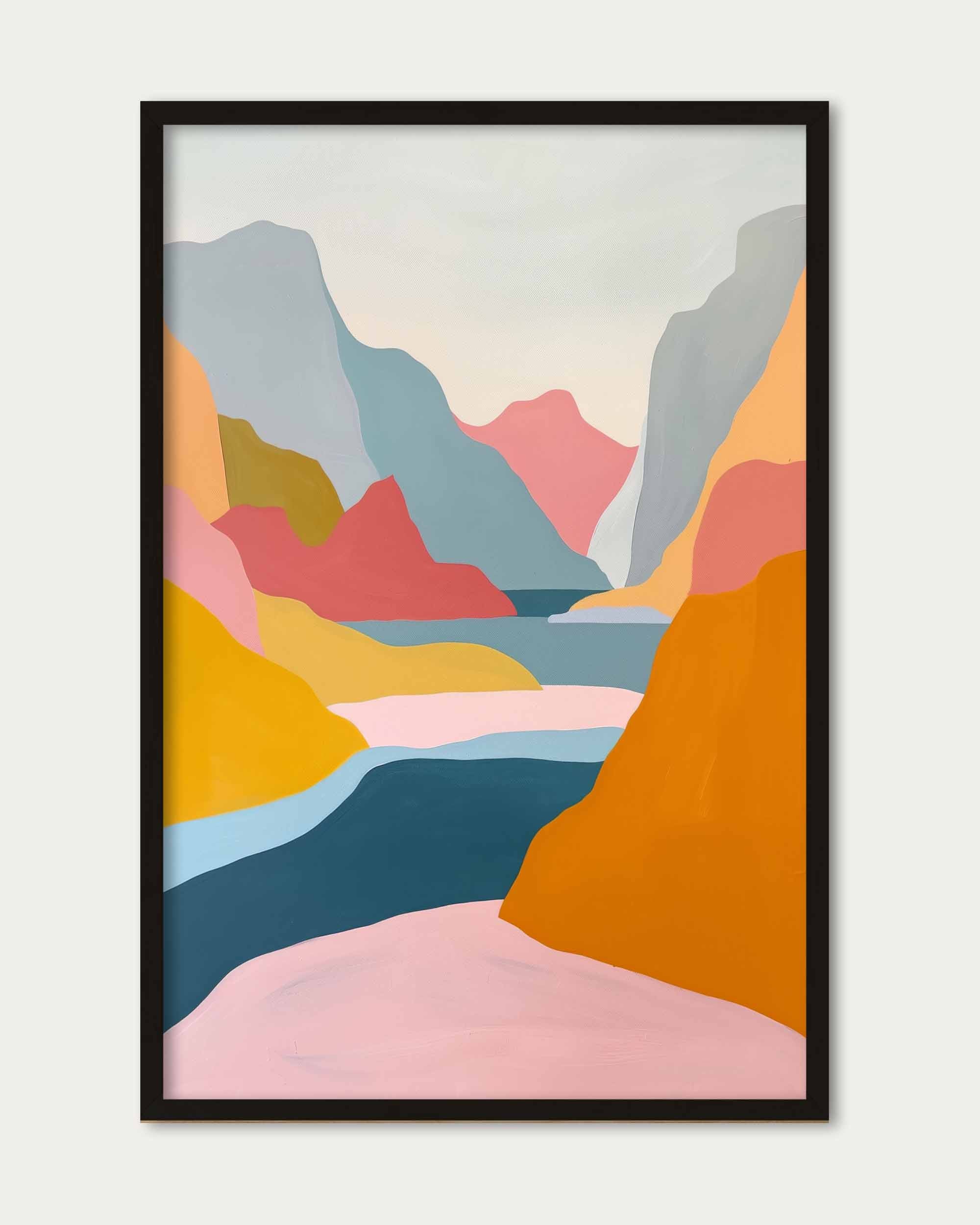 Framed abstract mountain landscape art print with colorful mountains and a river on a white background.