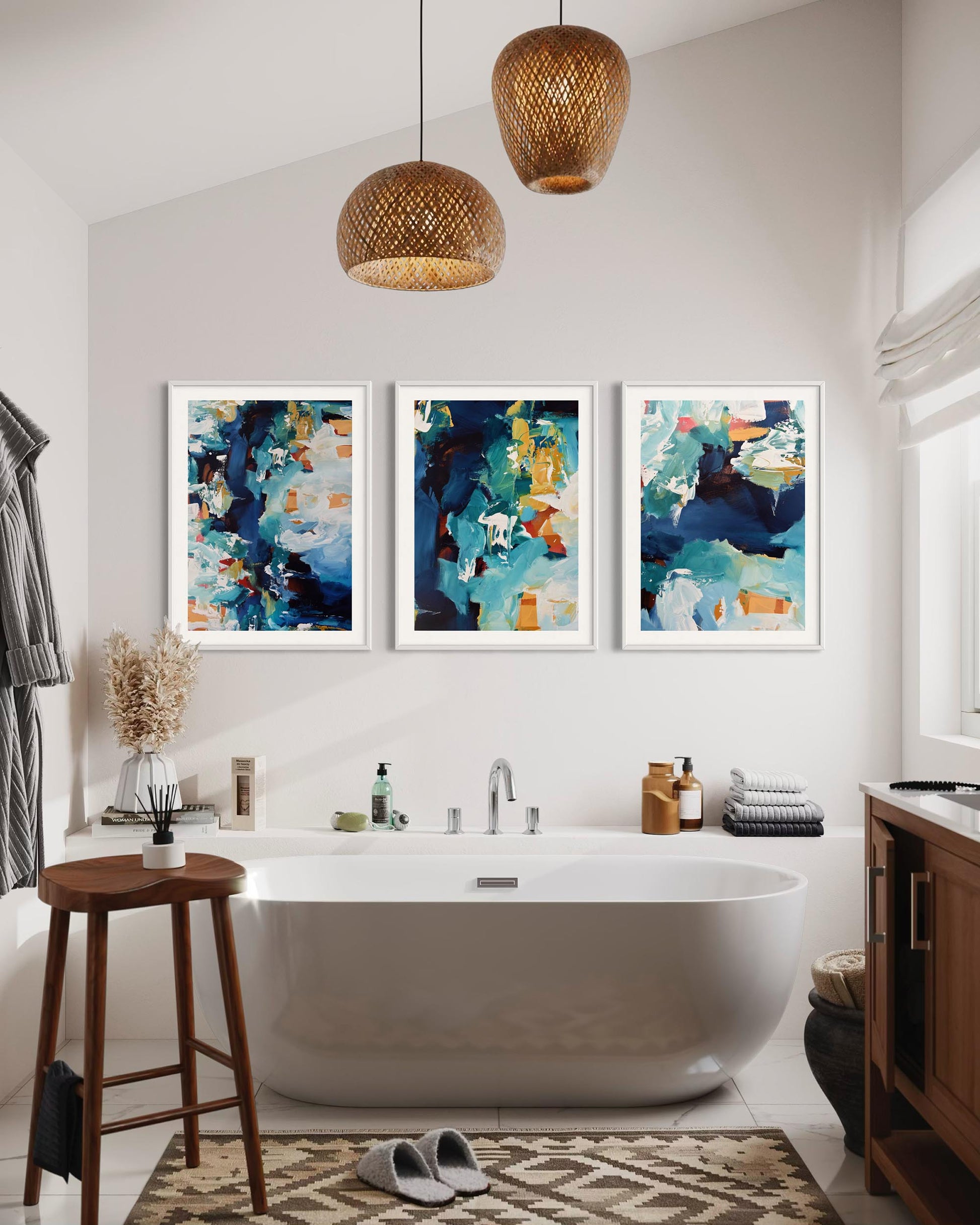 Bathroom interior with a bathtub, abstract art on the wall, and wooden stool.