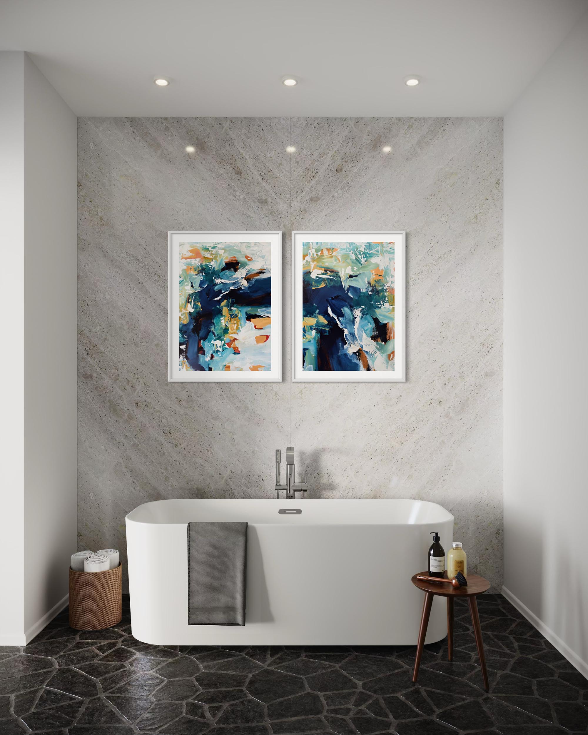 Bathroom with a freestanding bathtub, abstract art on the wall, and a small table with items.