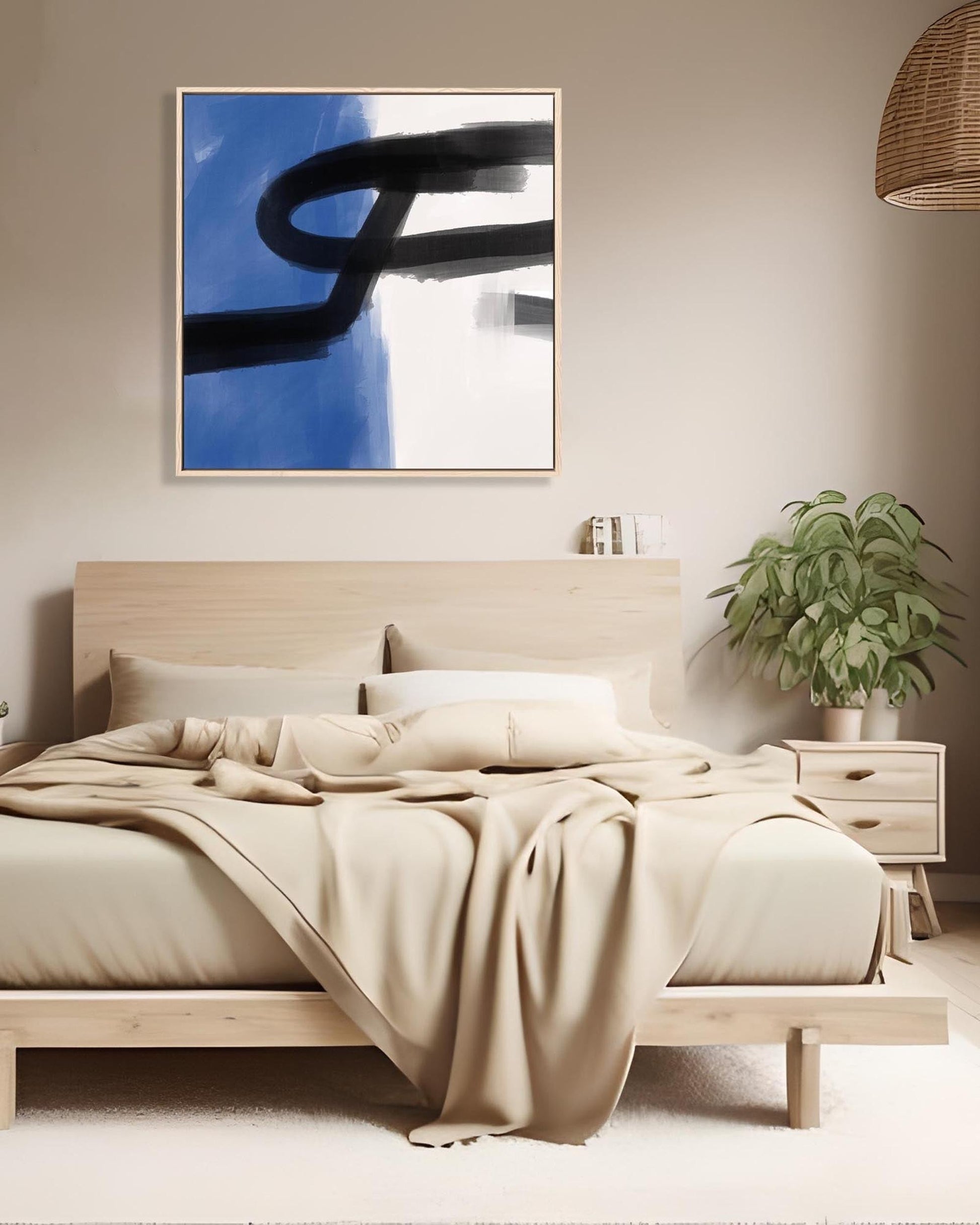 Modern bedroom with wooden bed, abstract art on the wall, and a plant.