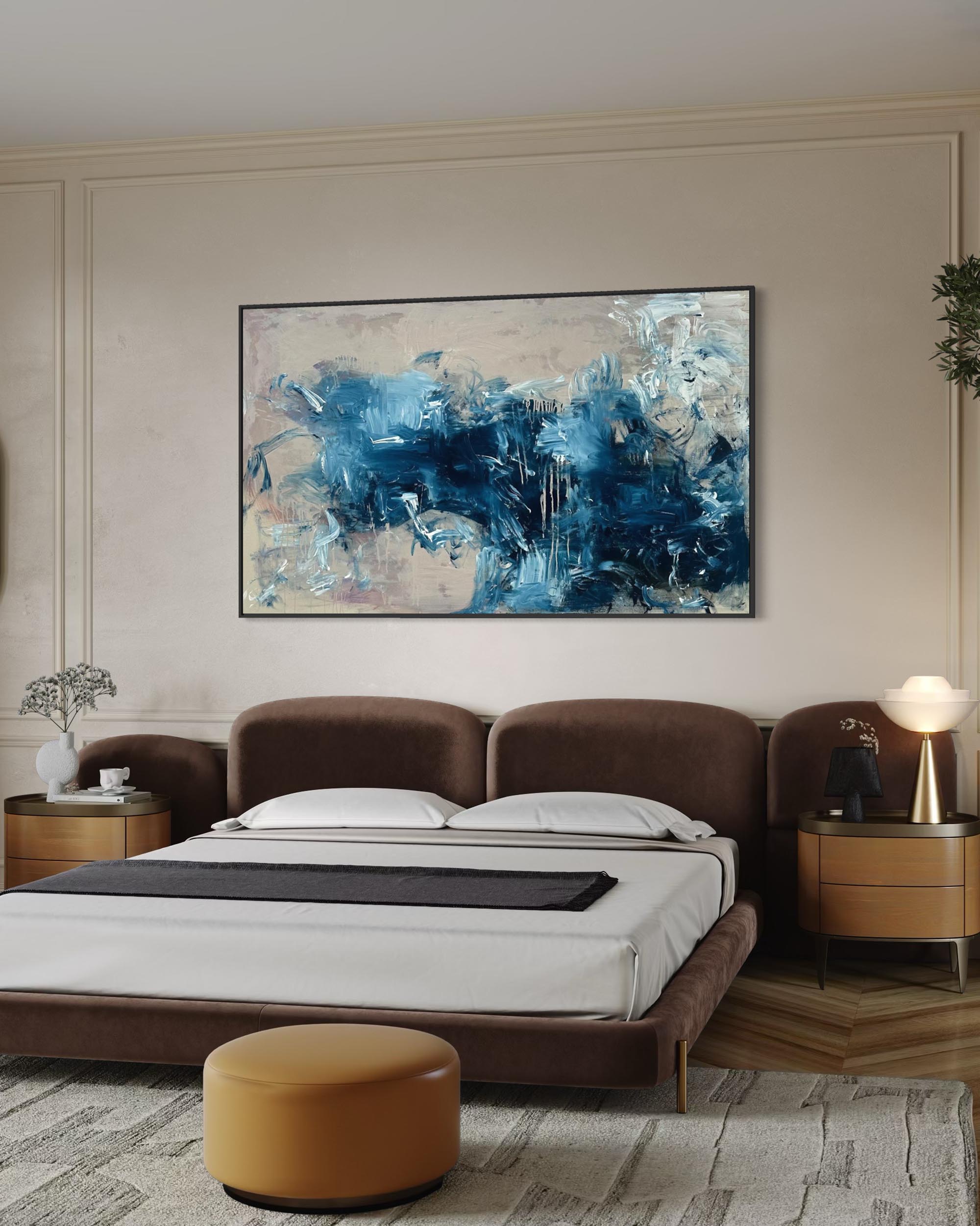 Modern bedroom with a large abstract painting on the wall above a bed.