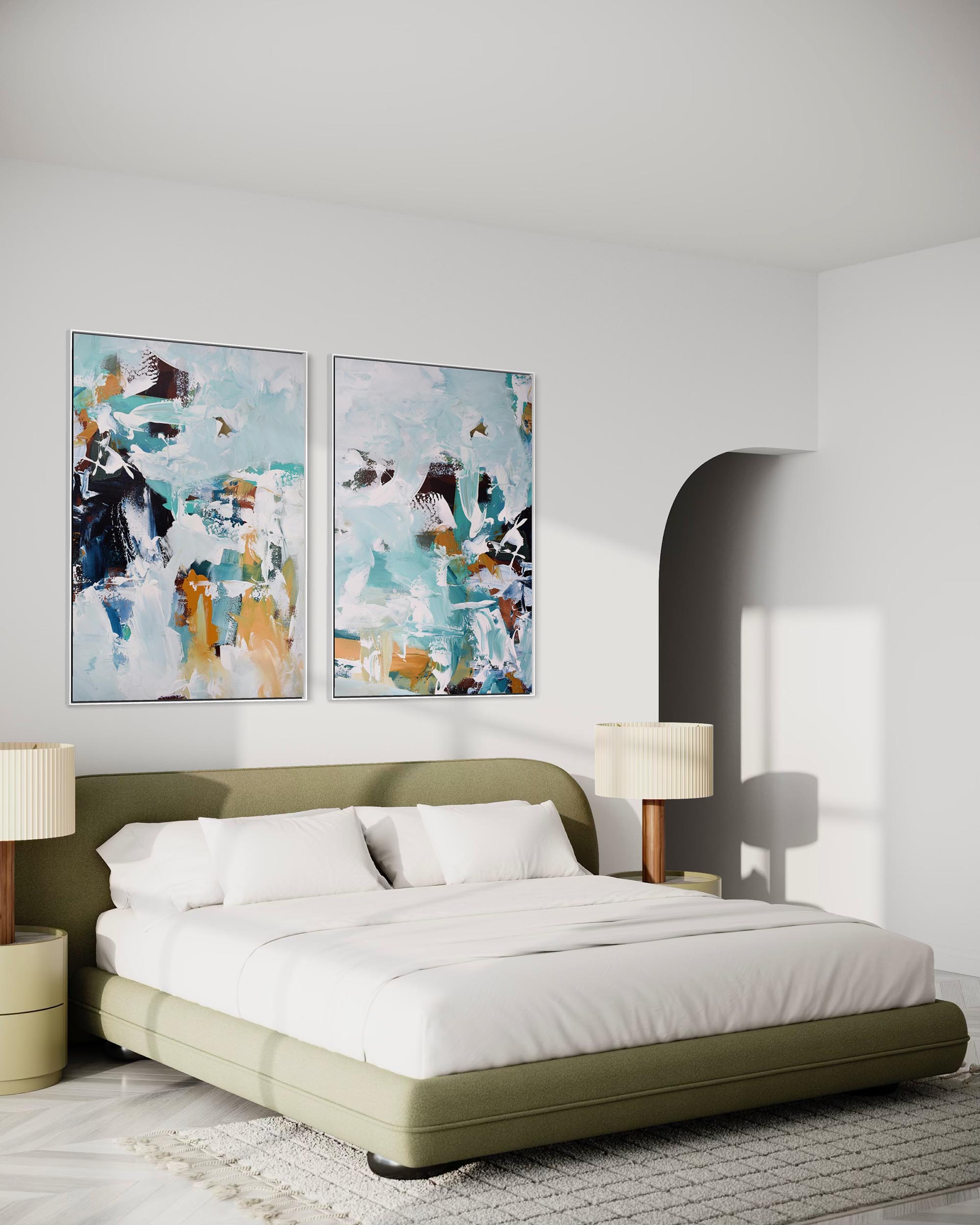 Modern bedroom with abstract art on the wall and a bed.