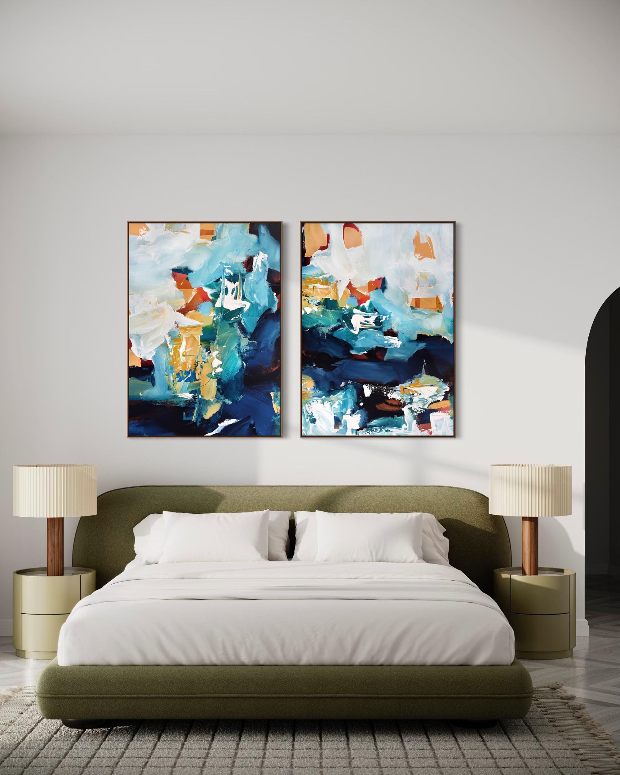 Modern bedroom with abstract art on the wall