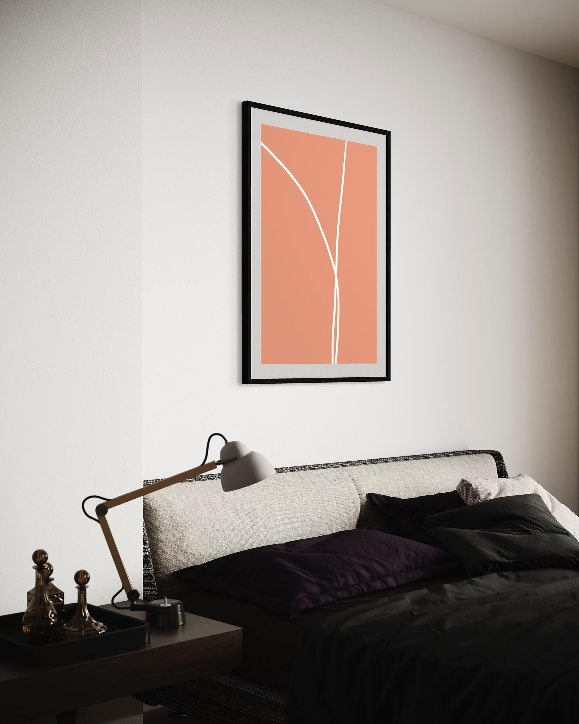 Modern bedroom with a bed, nightstand, and abstract art on the wall.