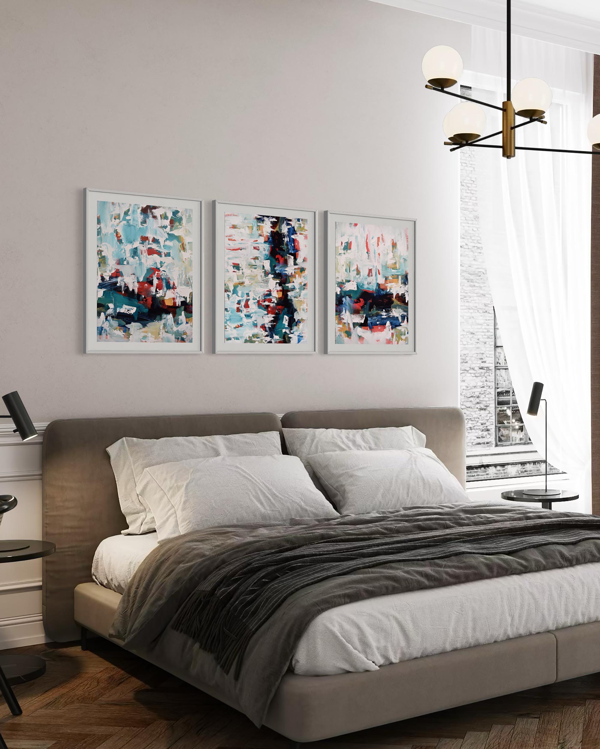 Modern bedroom with a bed, nightstands, and abstract wall art.
