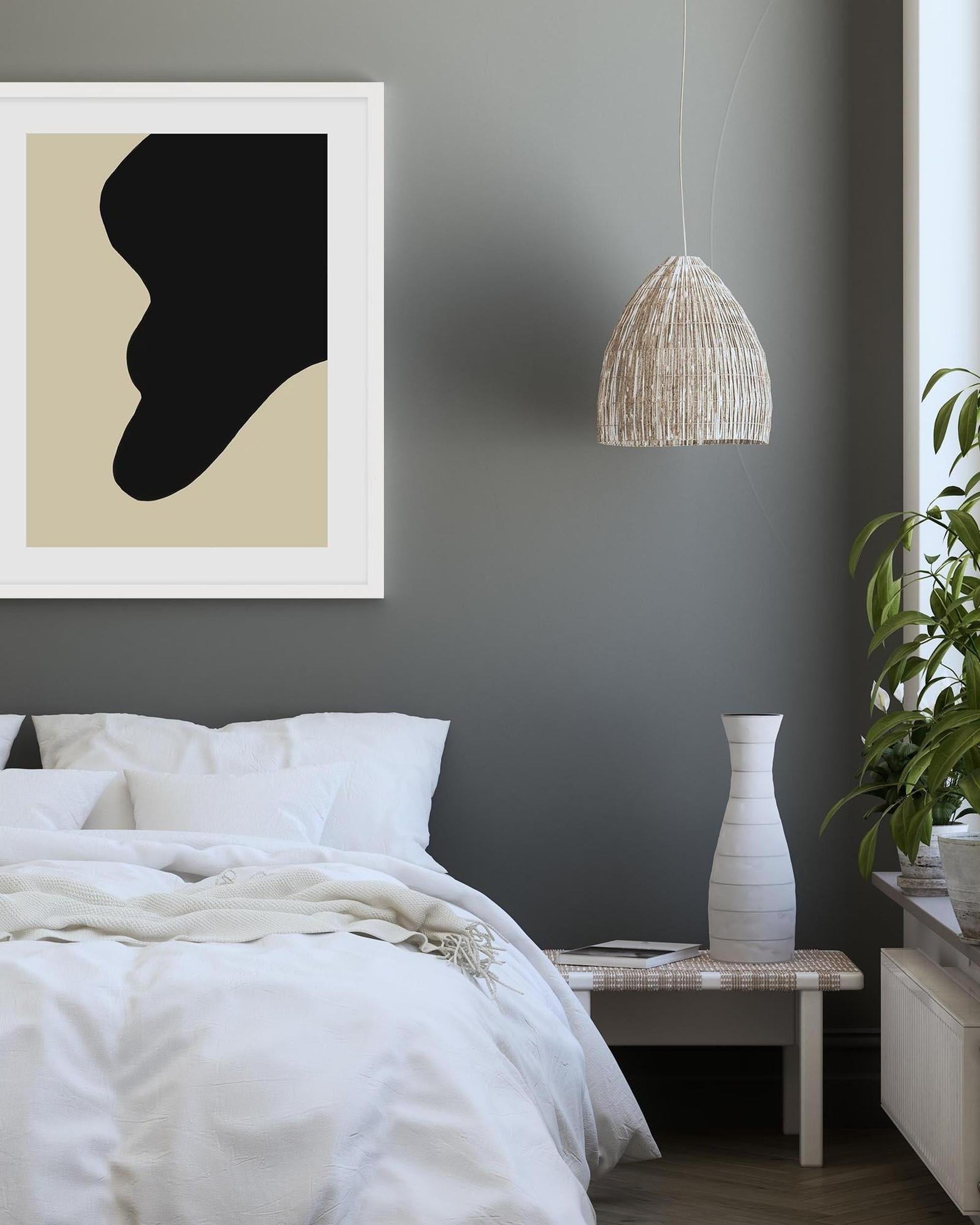 Modern bedroom with abstract art, white bedding, and a vase.