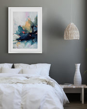 Bedroom interior with abstract art on the wall, pendant light, and vase.