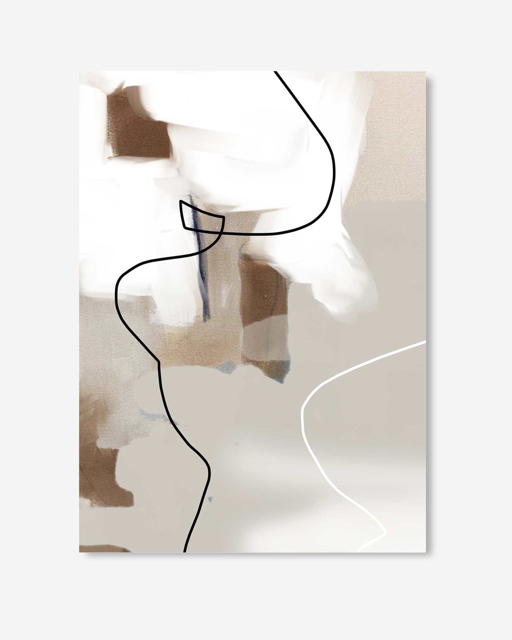 Abstract art print with black line on a beige and white background