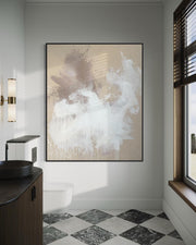 Abstract painting on a wall in a room with checkered floor and window.