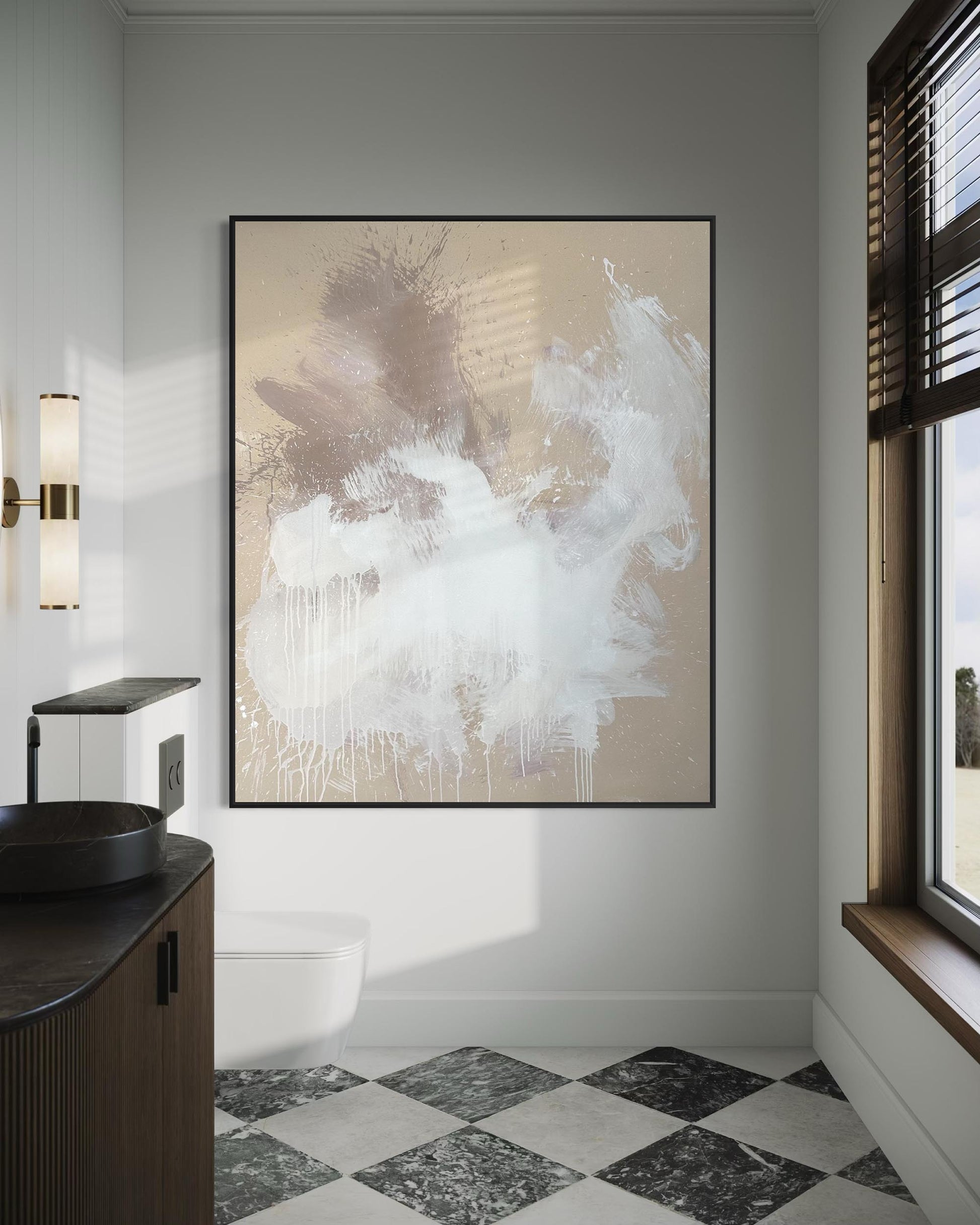 Abstract painting on a wall in a room with checkered floor and window.