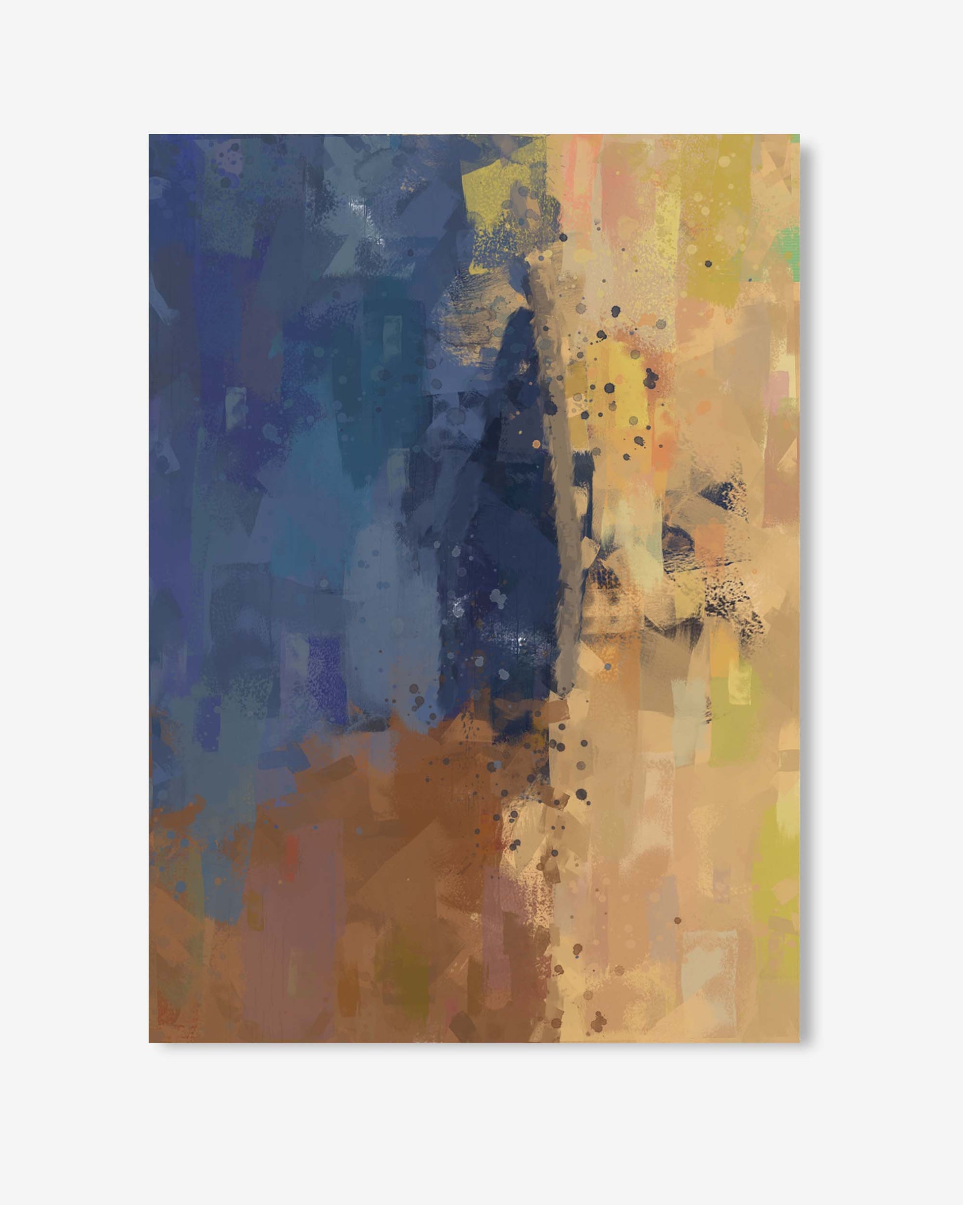 Abstract art print with blue, yellow, and brown colors on a white background