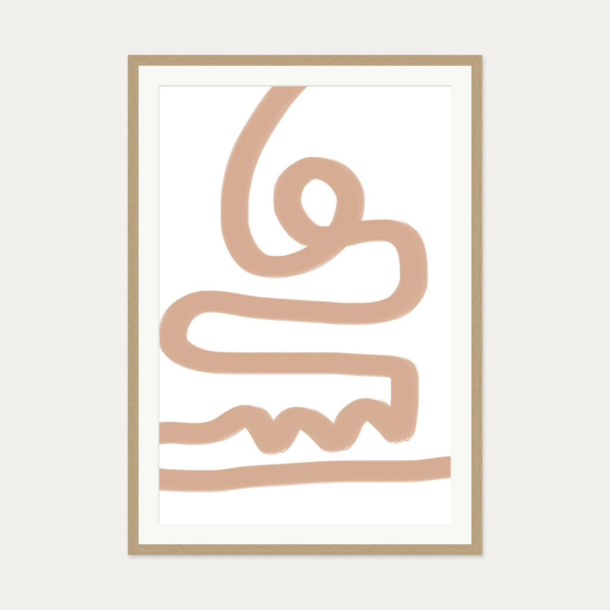 Beige Graffiti Lines Art Print — 70 x 100 cm — Oak Frame