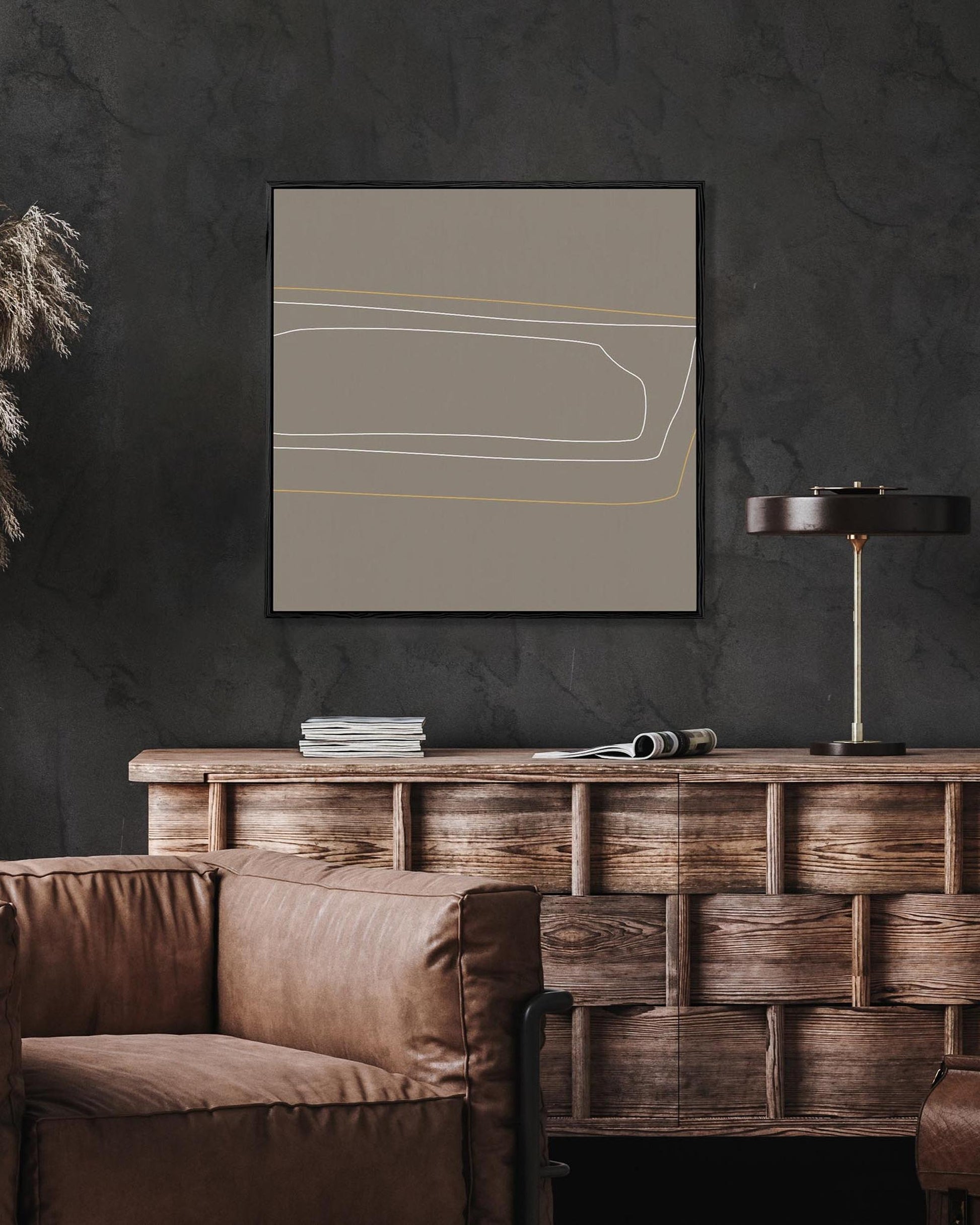 Brown On White Gold Lines Framed Canvas-Abstract House