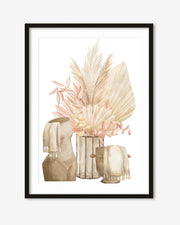 Framed artwork with decorative plants and vases on a white background
